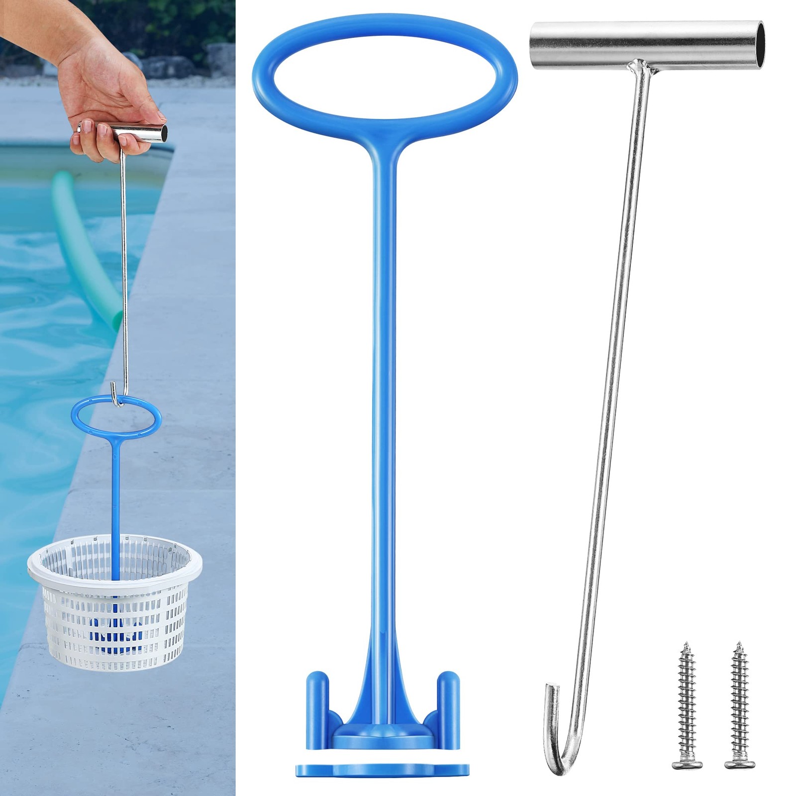 Dreyoo Pool Skimmer Basket Handle, Universal Hook Blue, Silver