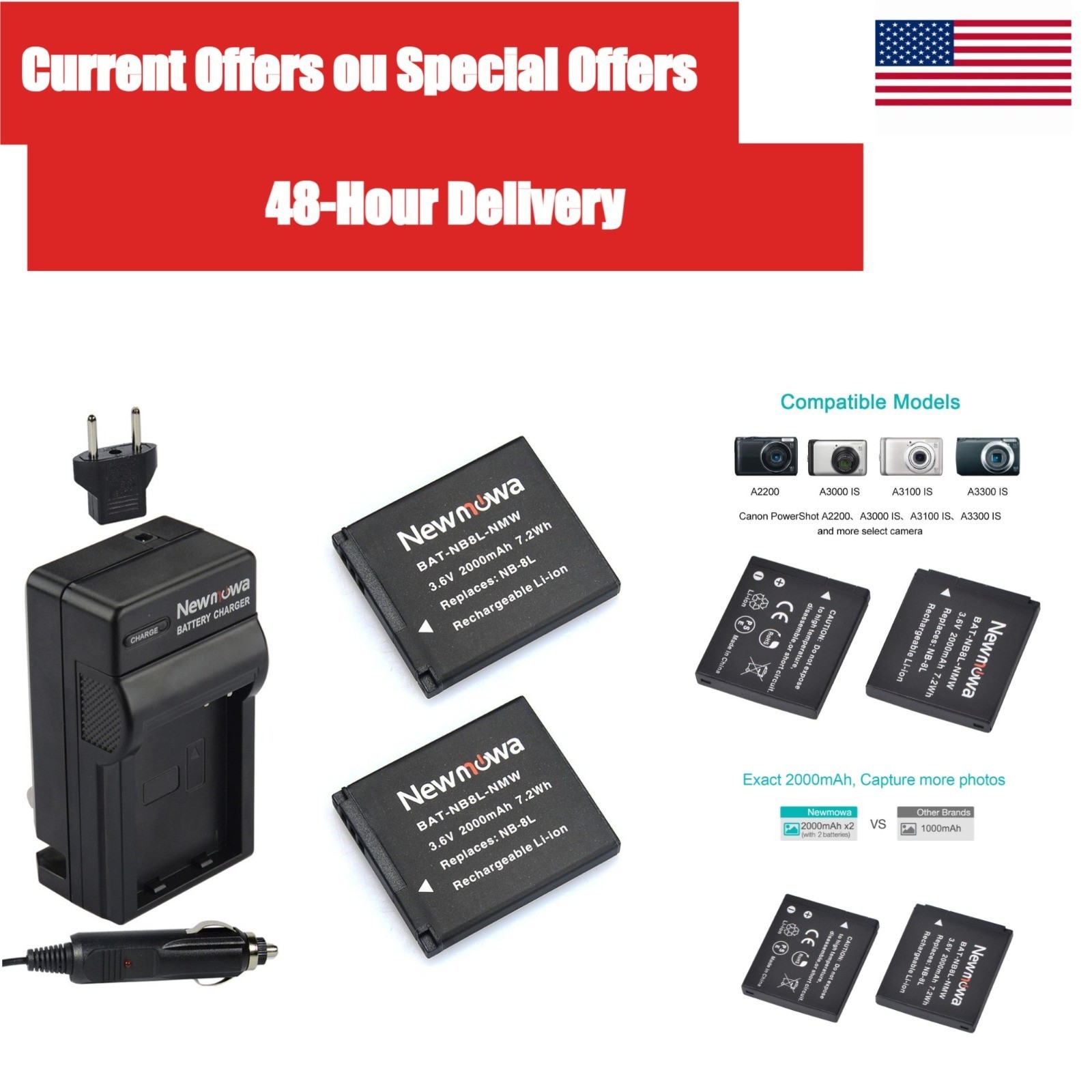 Newmowa NB-8L 2-Pack Batteries Charger Canon PowerShot A2200 A3300