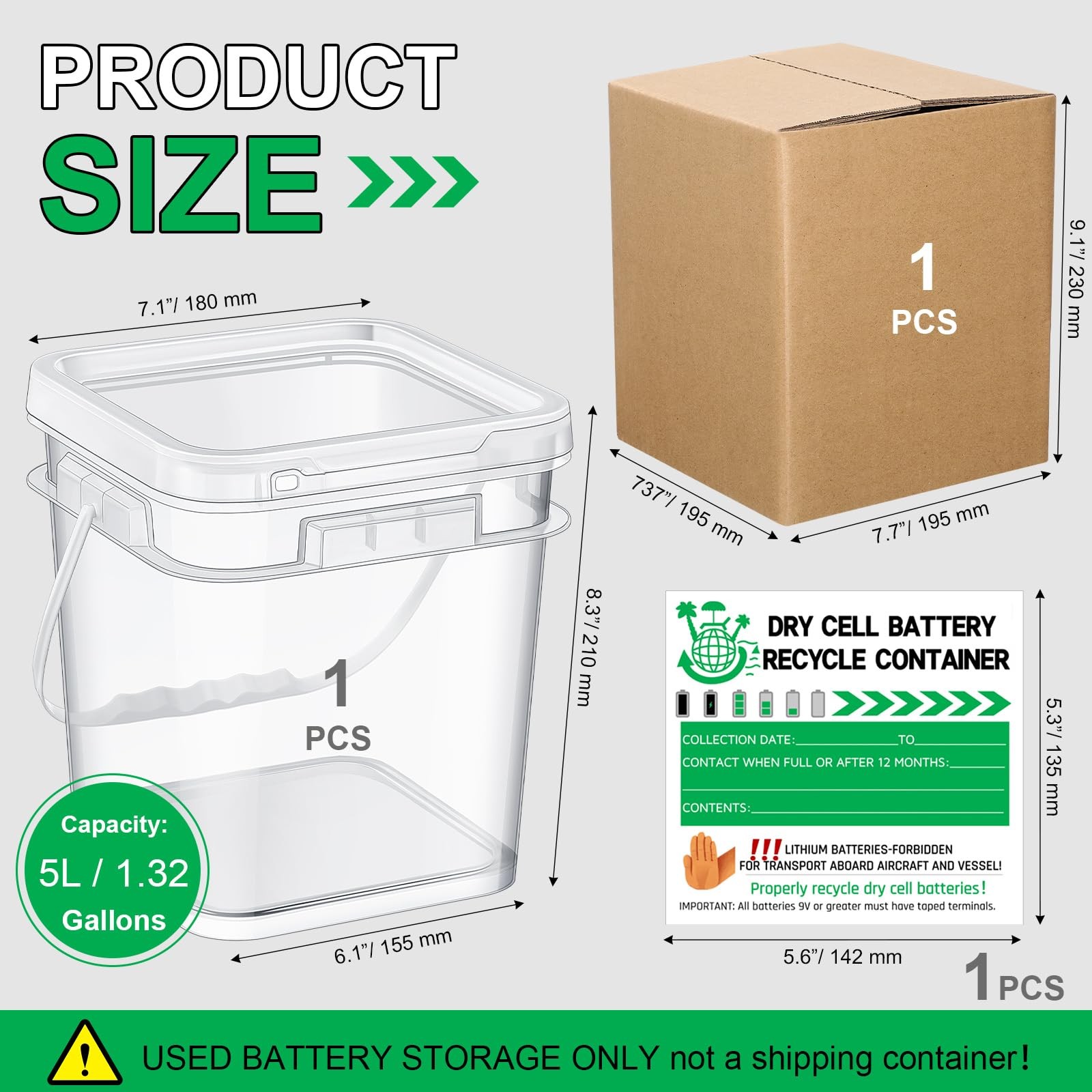 Dry Cell Battery Disposal Container 1.3 Gallon Battery Recycling Container Dr...