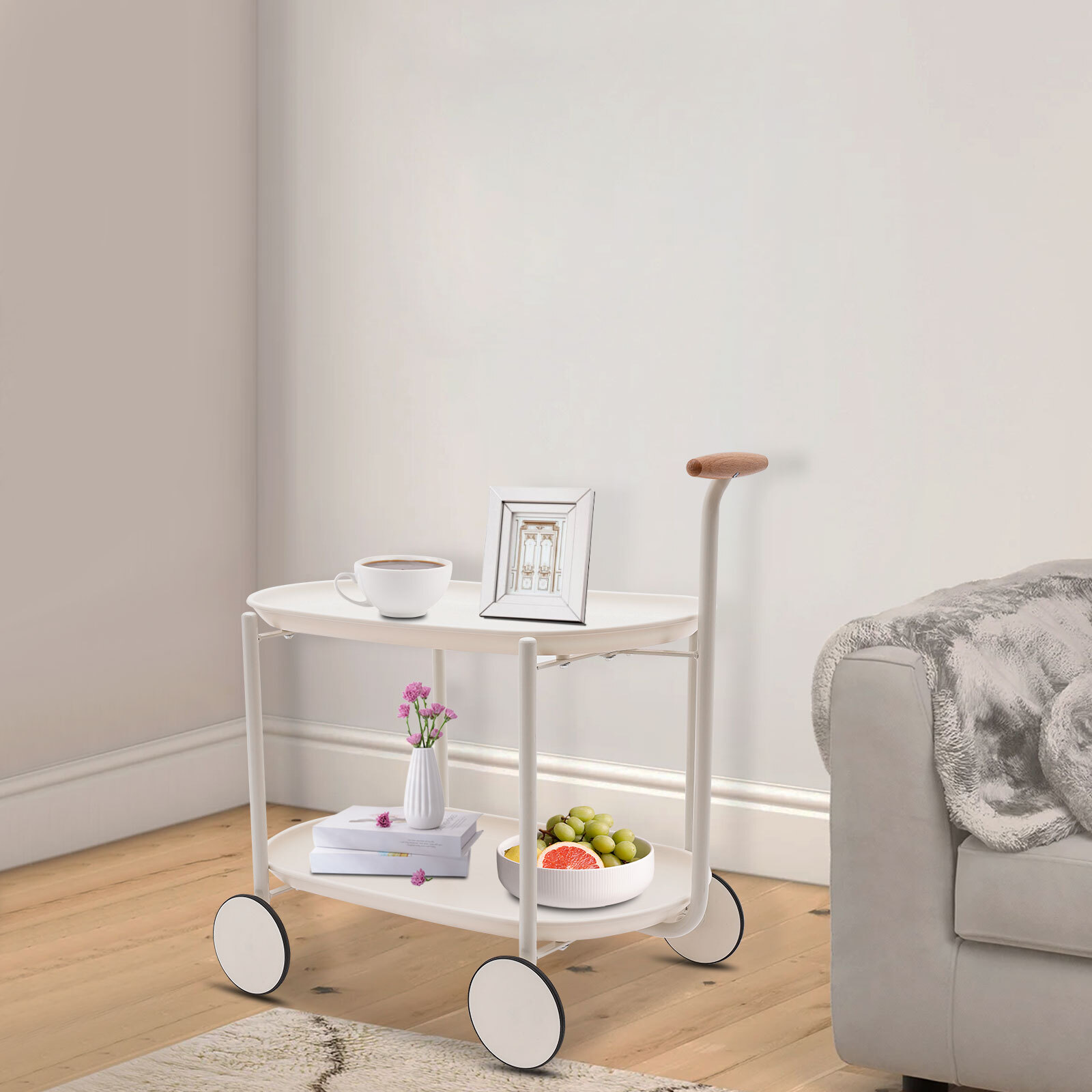 2 Tier Rolling Cart Storage Cart w/ Handle Storage Organizer Cart Carbon Steel~