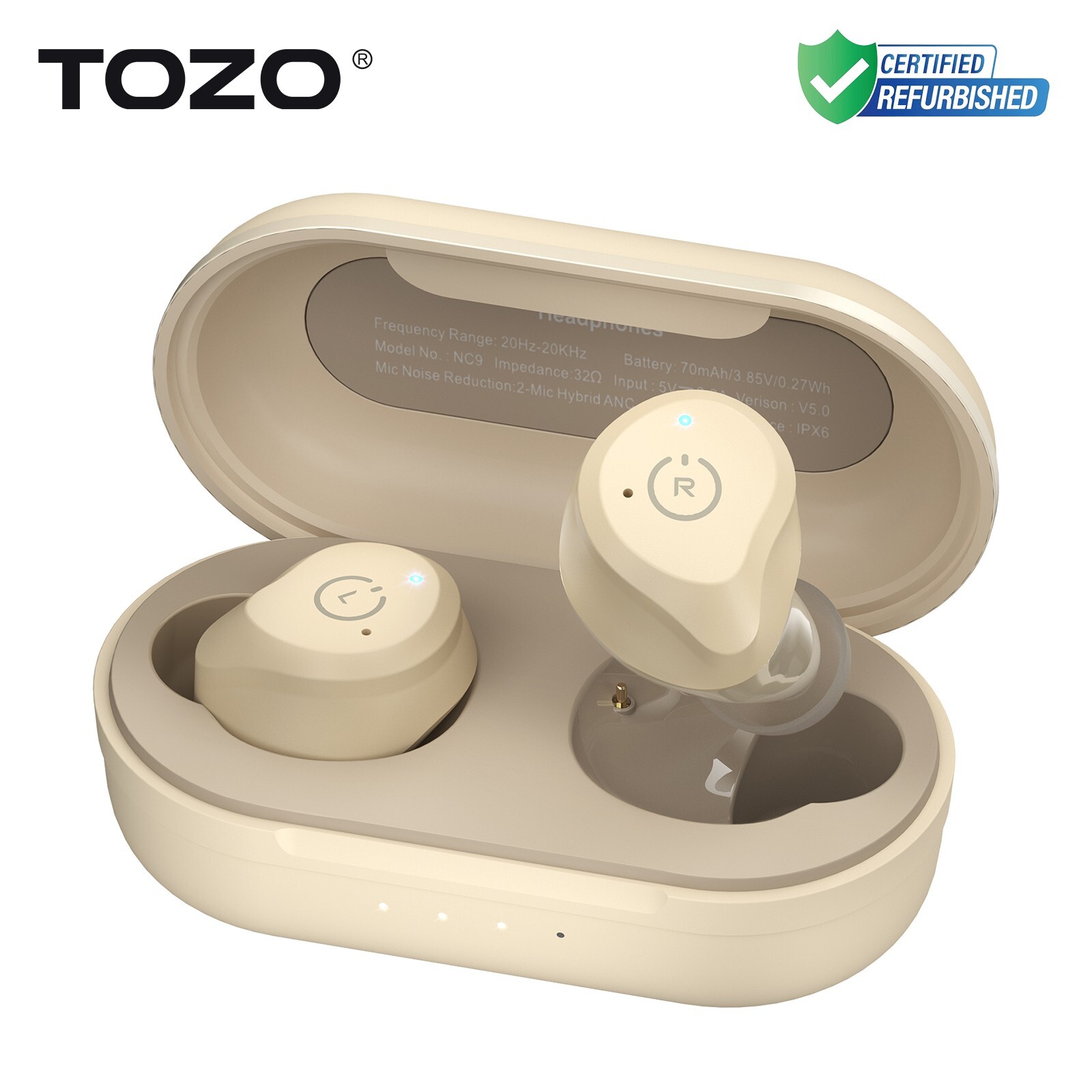 TOZO NC9 Wireless Earbuds Active Noise Cancellation Waterproof, Khaki | Refurb