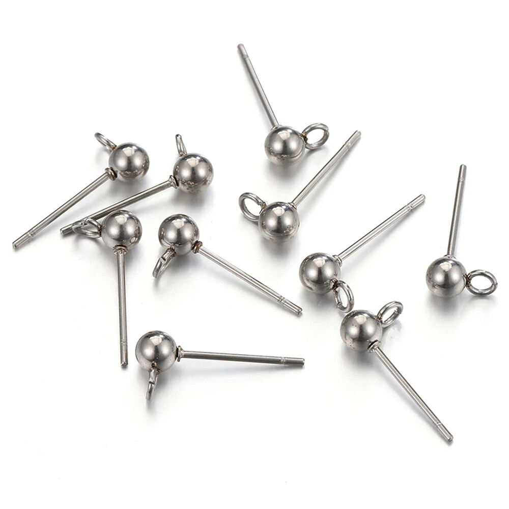 50pcs Stainless Steel 4mm Round Ball Earrings Stud Posts with Loop