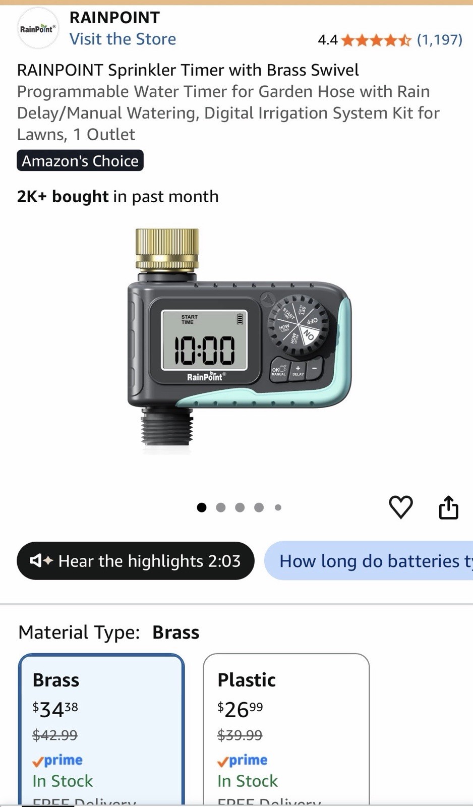 Rainpoint 1-Zone Water Timer With Brass Swivel Auto Water Sprinkler Model ITV105
