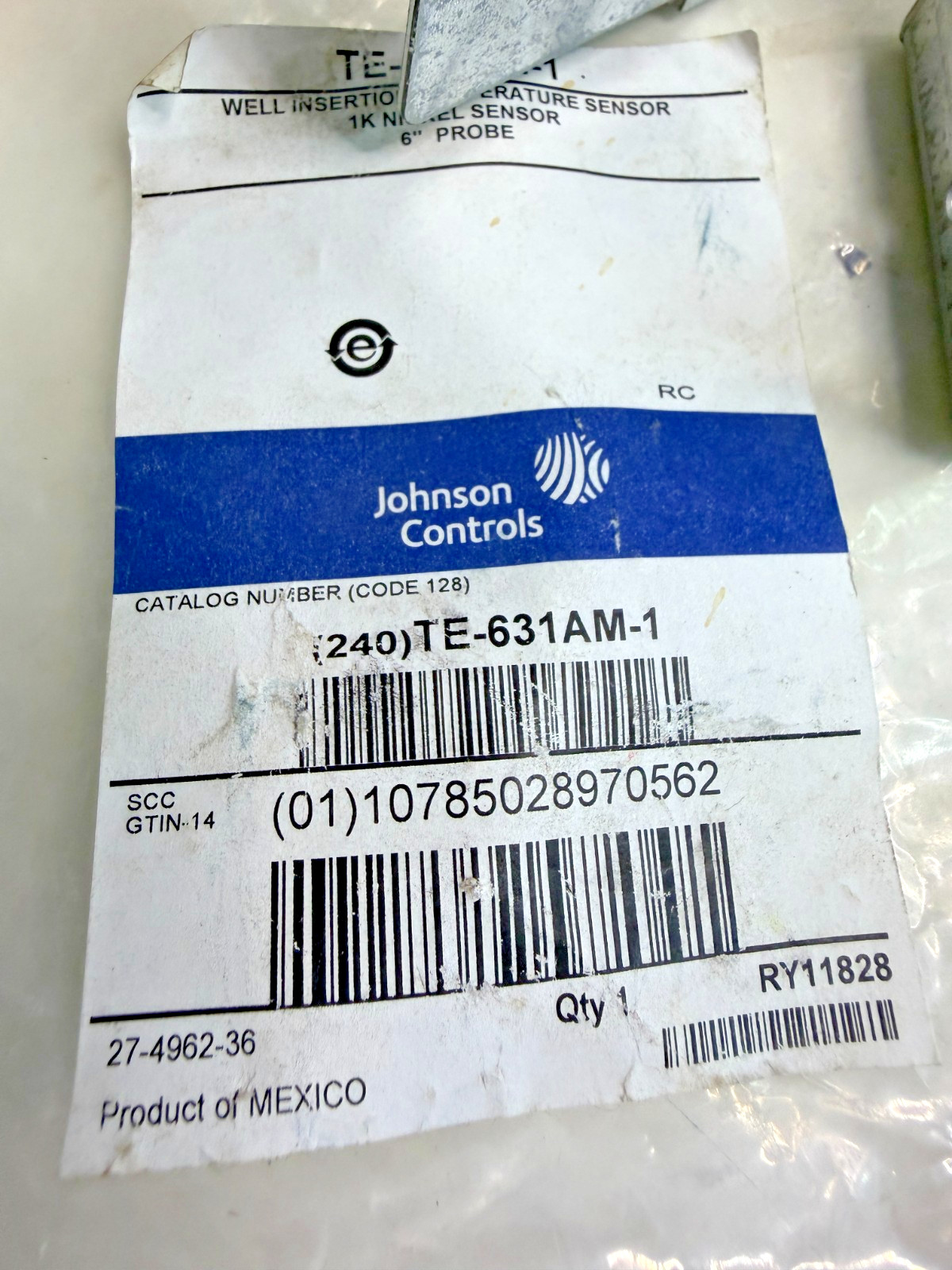 Johnson Controls TE-631AM-1 Temperature 1K Nickle Sensor  6” Probe