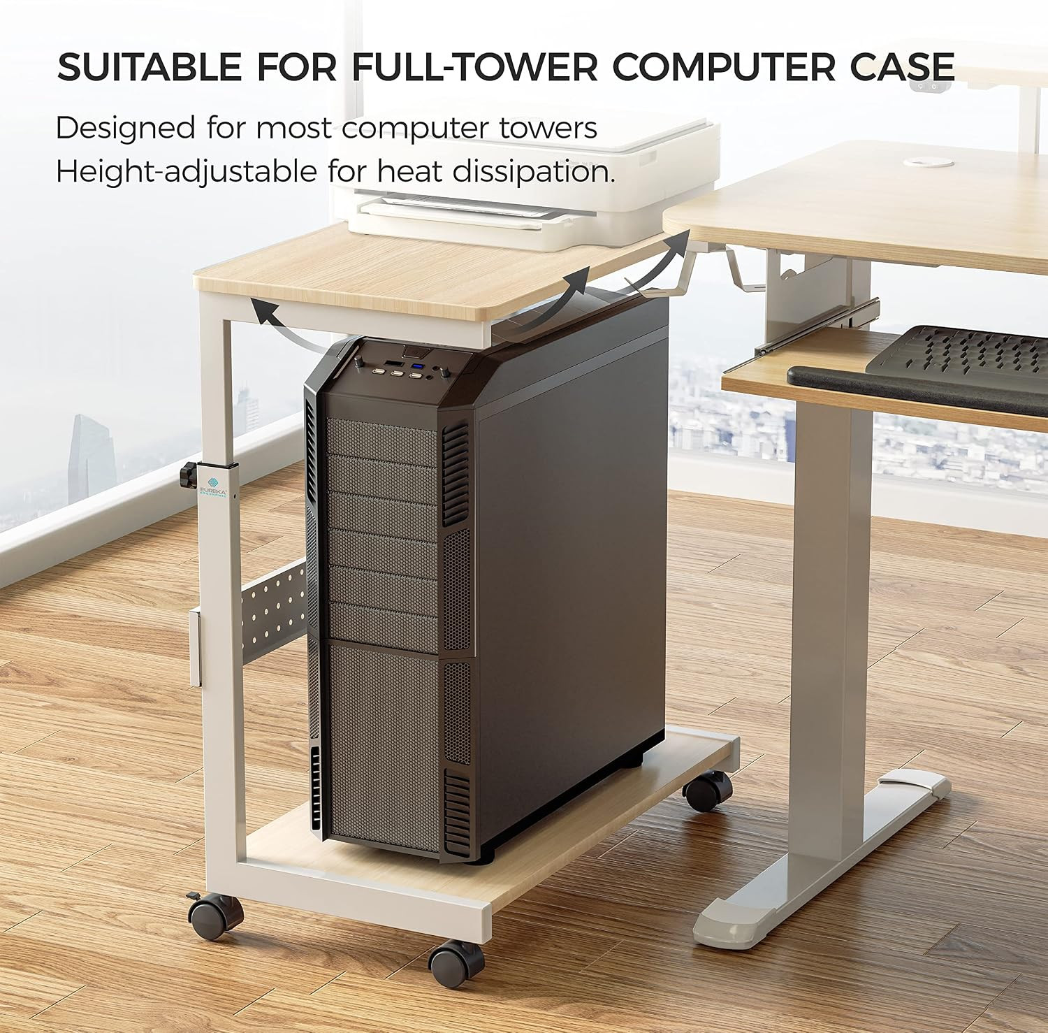 PC Stand Computer Cart, Height Adjustable Tower Stand 2-Tier Suit for ATX Case P
