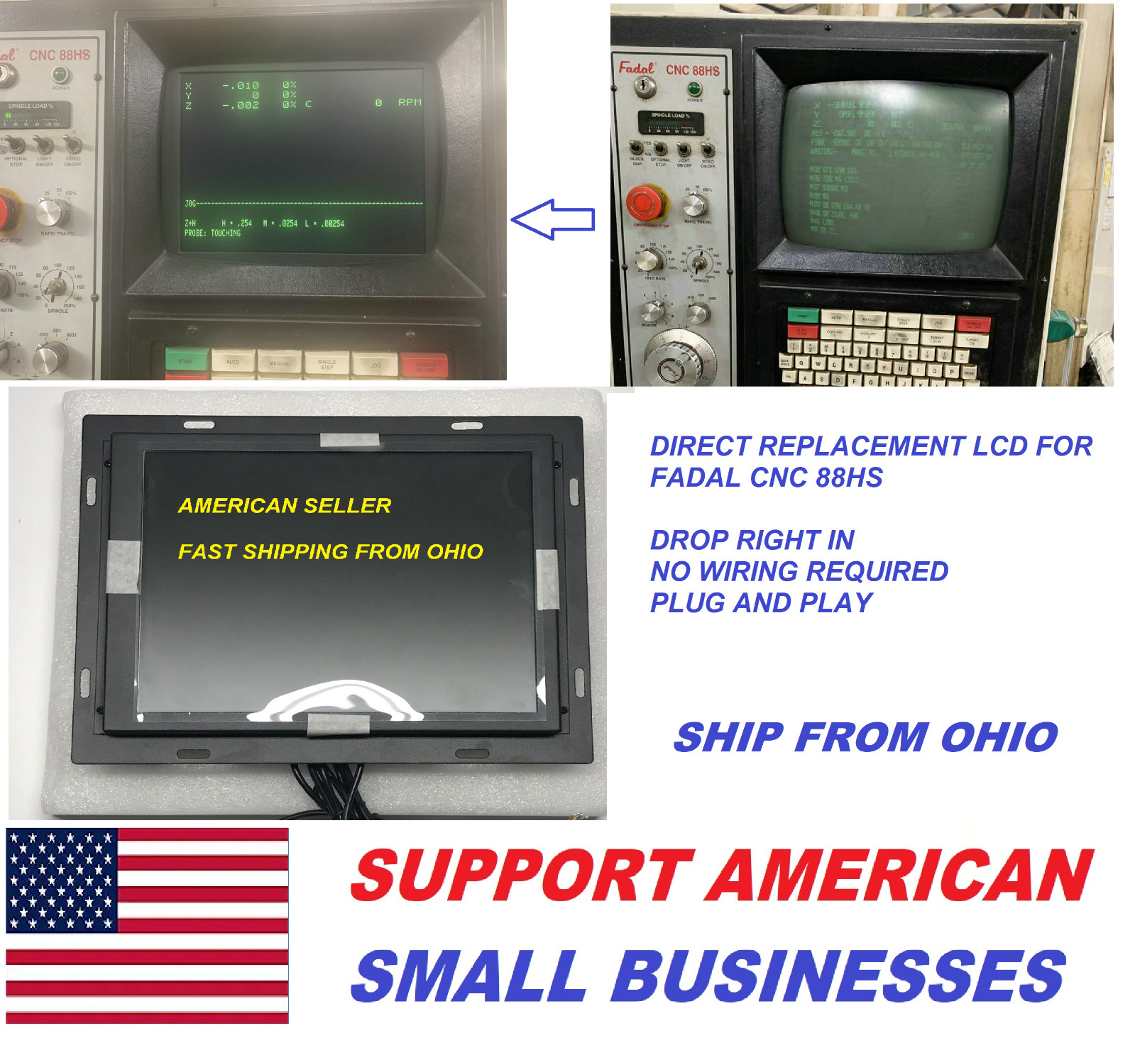 DIRECT LCD REPLACEMENT MONITOR FOR FADAL CNC 88HS CNC88 CRT PLUG AND PLAY