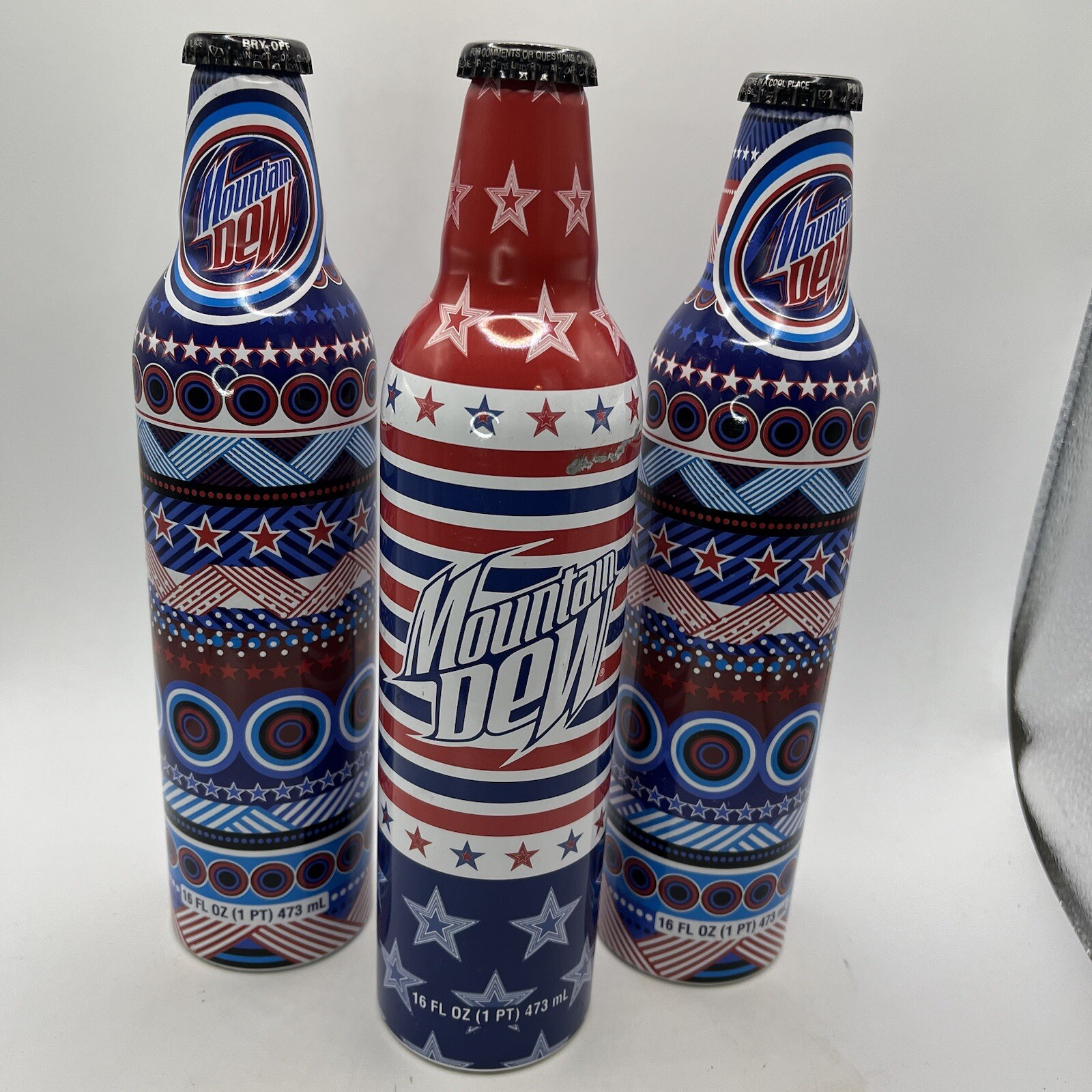 Set of 3 Mountain Dew Vintage Americana Patriotic Aluminum Bottles 2008 Limited