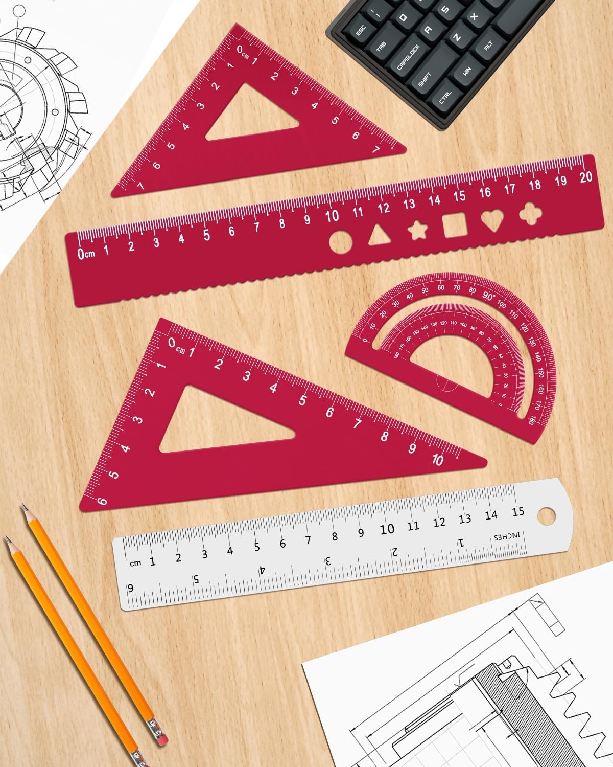 5 PCS Red Triangular Ruler Set Aluminum Alloy Metal Drafting Geometric Tool