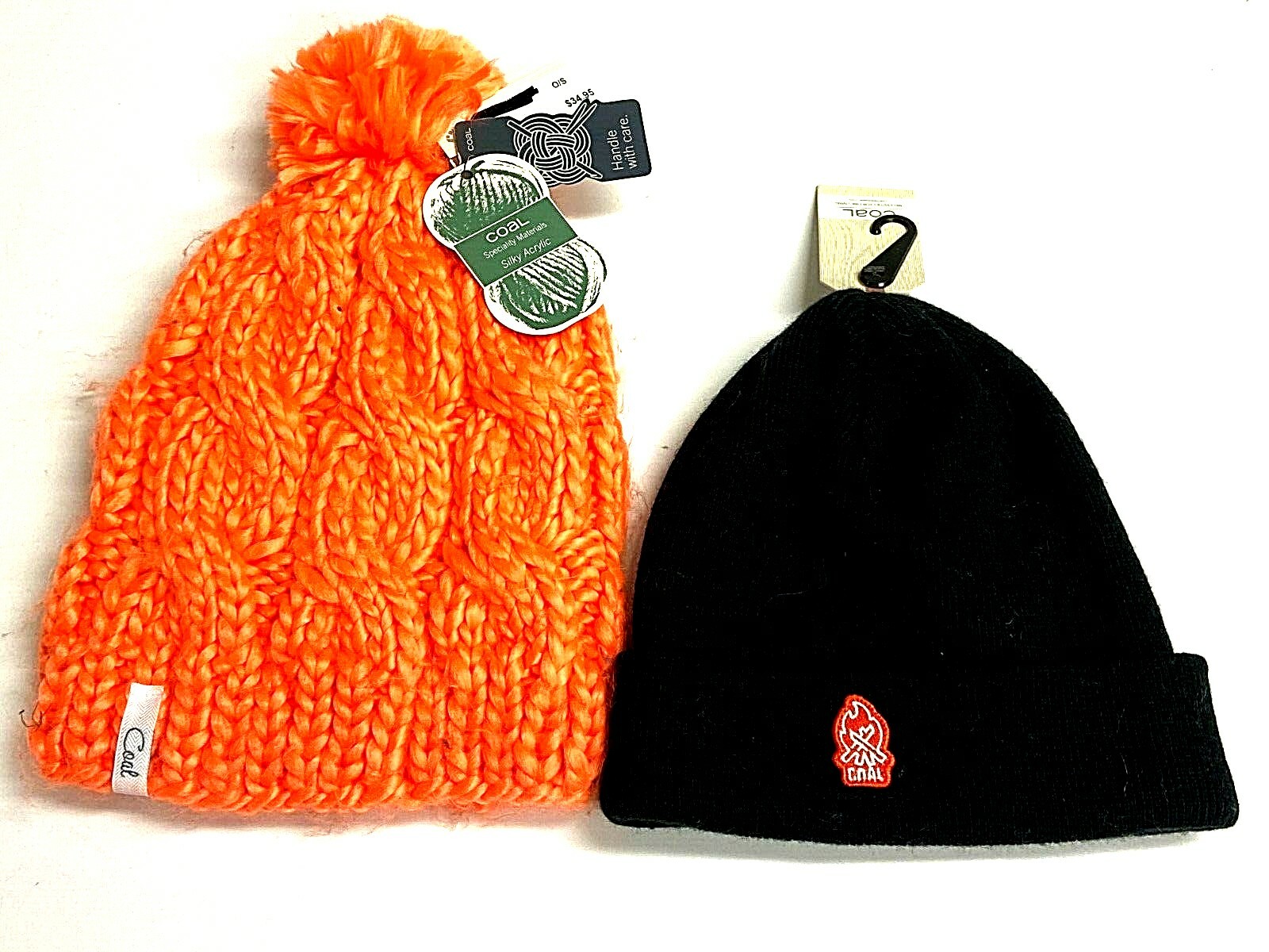 Set of 2 Coal Beanie Hats NWT Knit Ski Orange, Black O/S The Rosa & Junior
