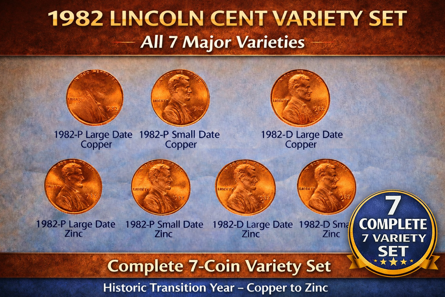1982 Lincoln Cents All 7 P&D coin variety set - labeled for easy ID - all BU