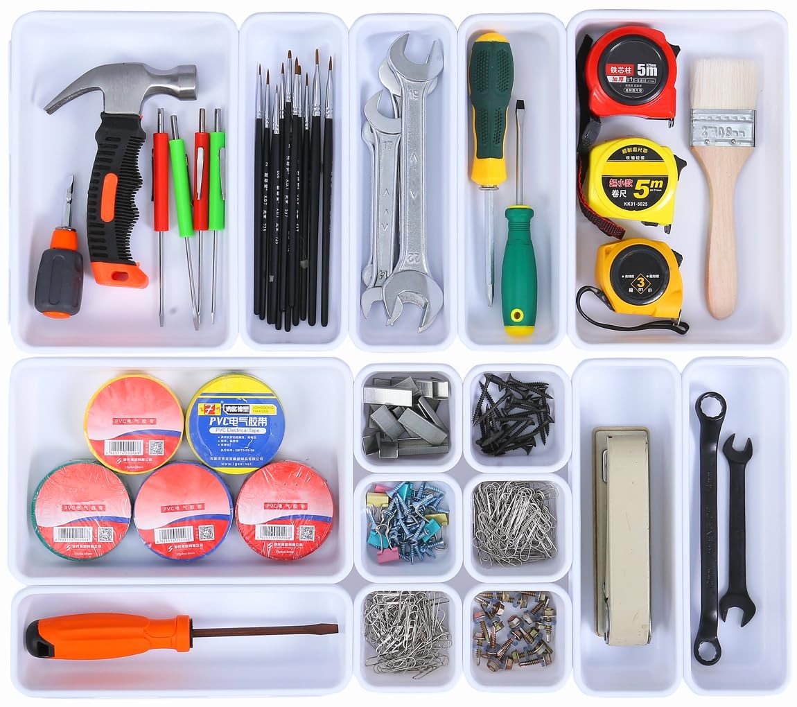 15 Piece White Interlocking Desk Drawer Organizer Separator System for Office