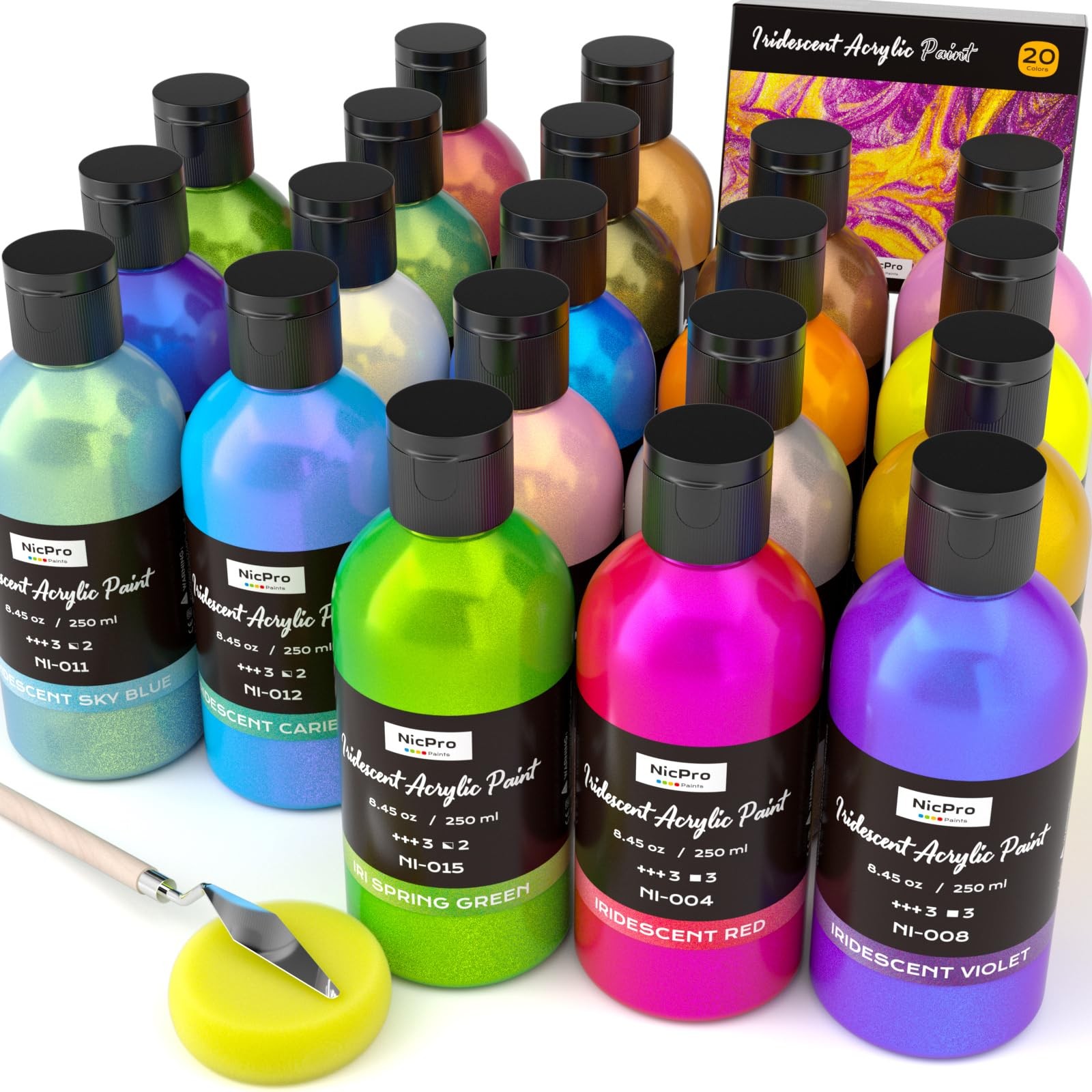 Nicpro 20 Colors Iridescent Acrylic Paint, 8.45 Fl Oz (Pack of 20), 20