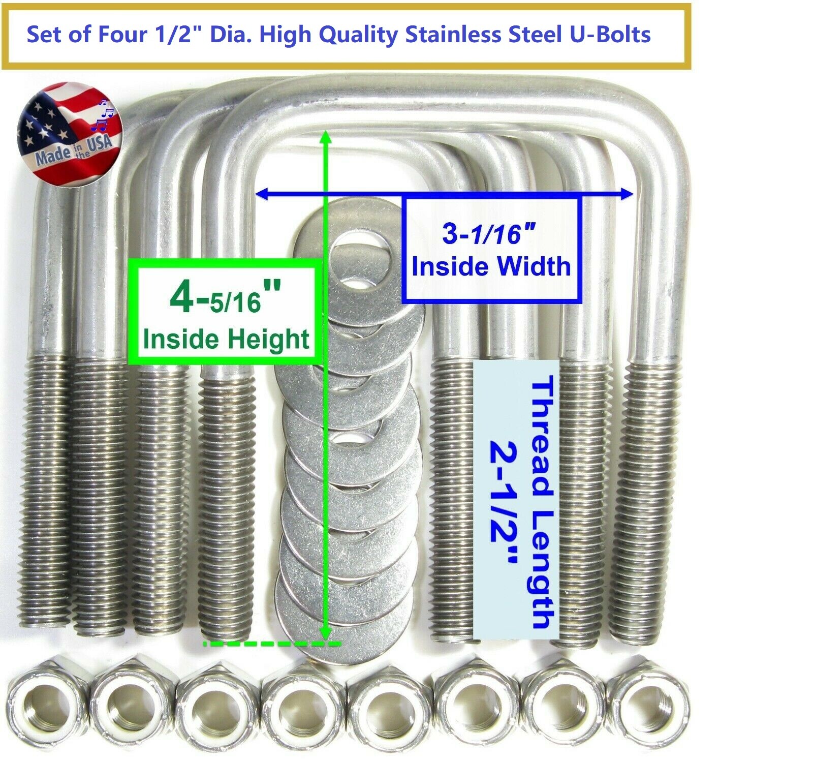 (4) Boat Trailer U Bolt Stainless Steel SS UBOLT 1/2" D x 3 1/16" W x 4 5/16" L