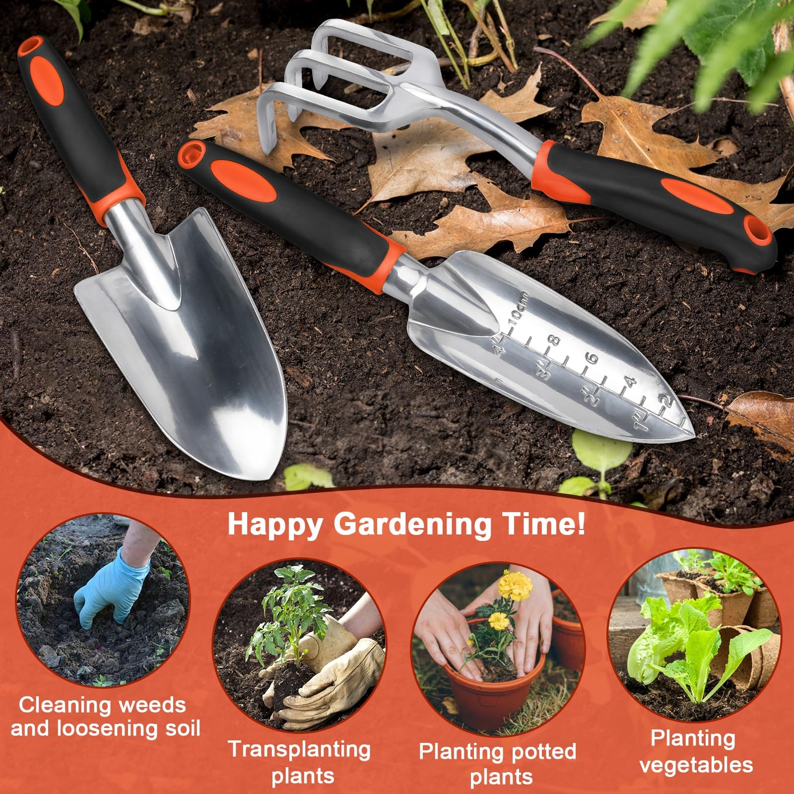 Garden Tools Set, 3 Pack Heavy Duty Gardening Set Include Orange