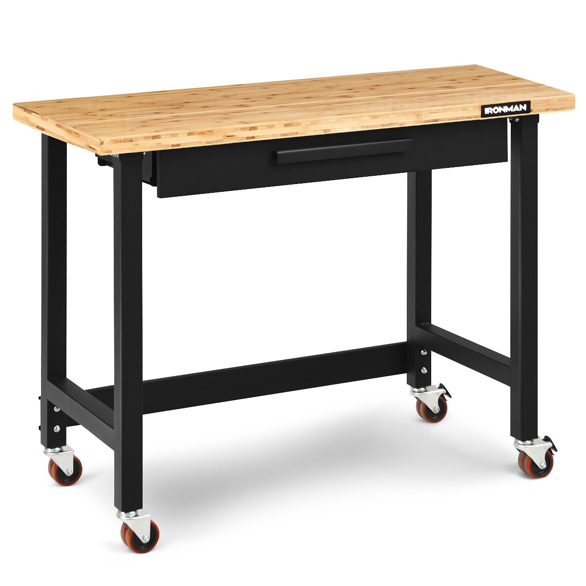 48 Inch Mobile Workbench Bamboo Top Modern w/Rubber Wheels and Organizer Drawer