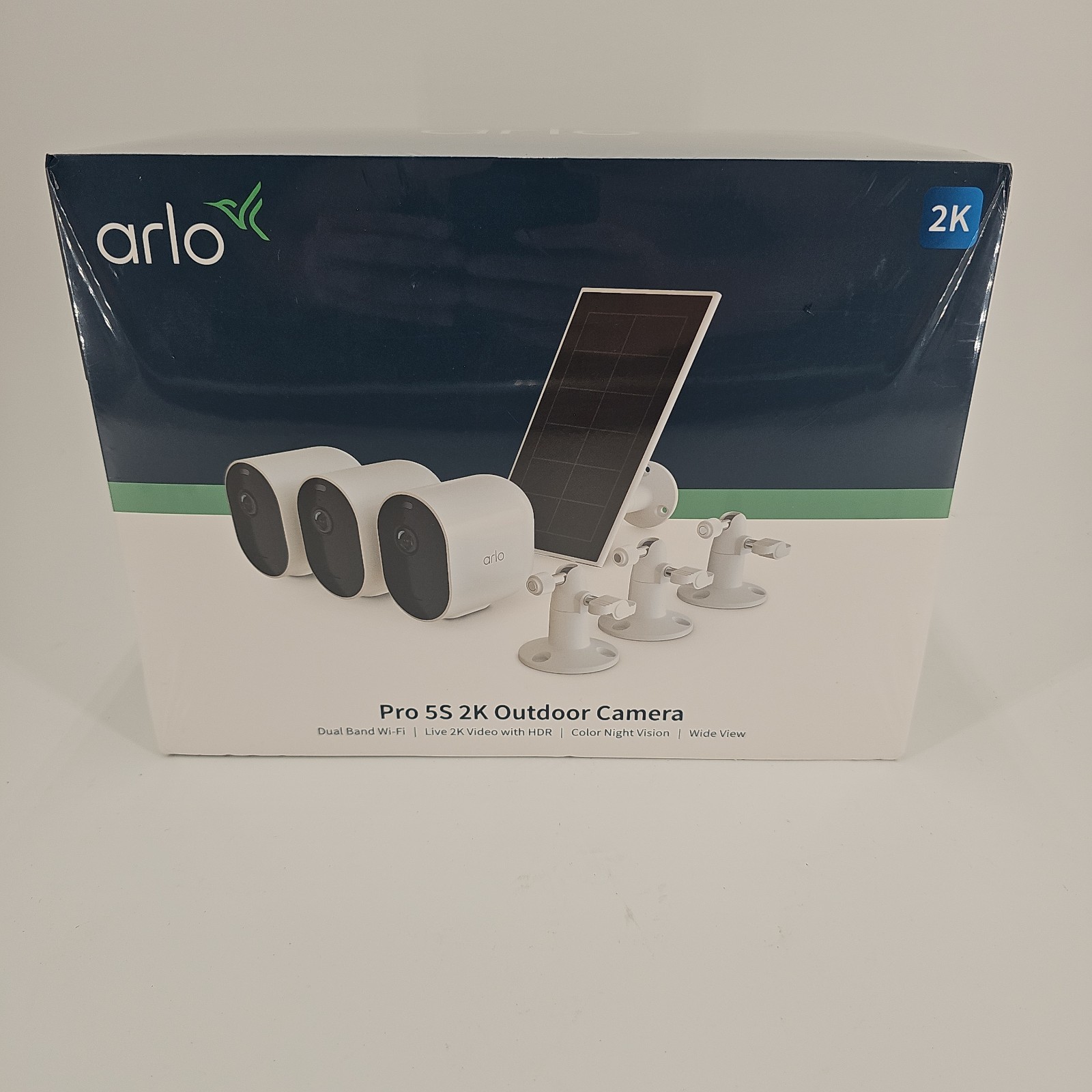 Arlo Pro 5S 2K Spotlight Camera 3-Cam 1-Solar Panel Bundle White VMK4360P NEW