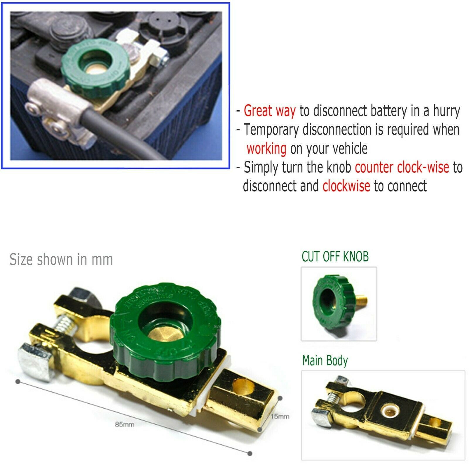 2x Car Battery Terminals Quick Disconnect Boat Top Post Off Master Kill Switch