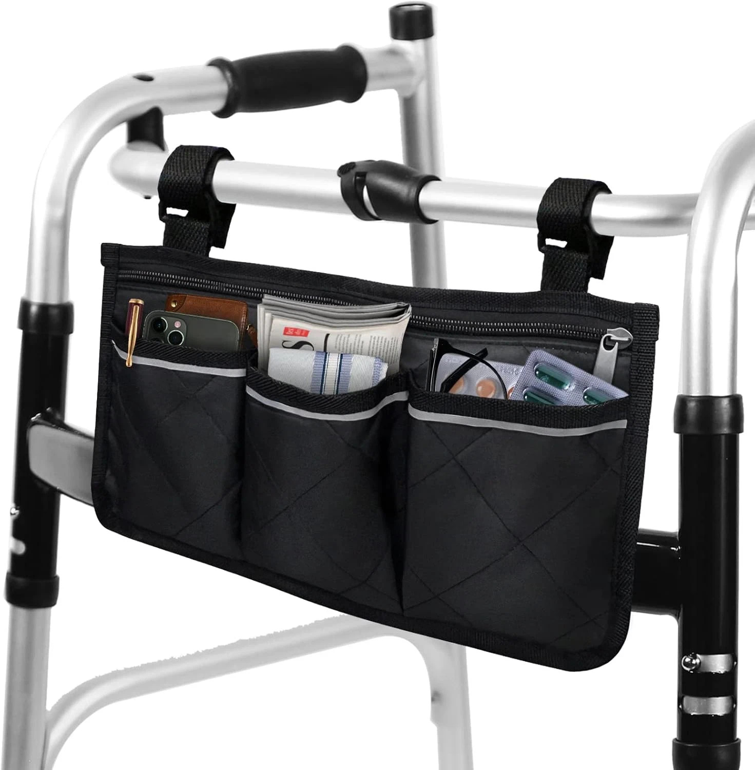 Walker Bag for Folding Walker - Walker Pocket Pouch with Reflective Safety Strip