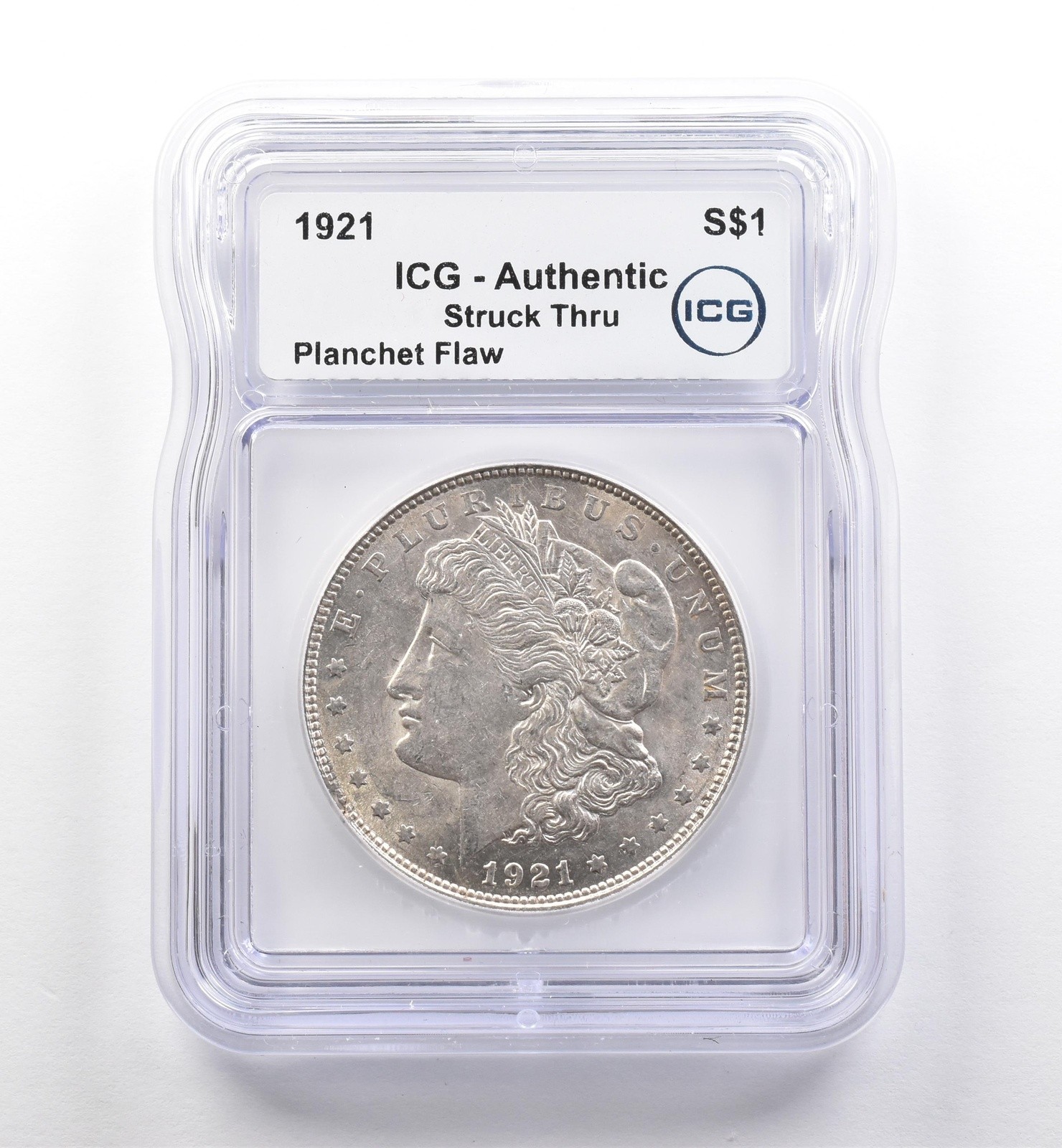 1921 Morgan Silver Dollar Struck Thru Planchet Flaw Authentic ICG *7503