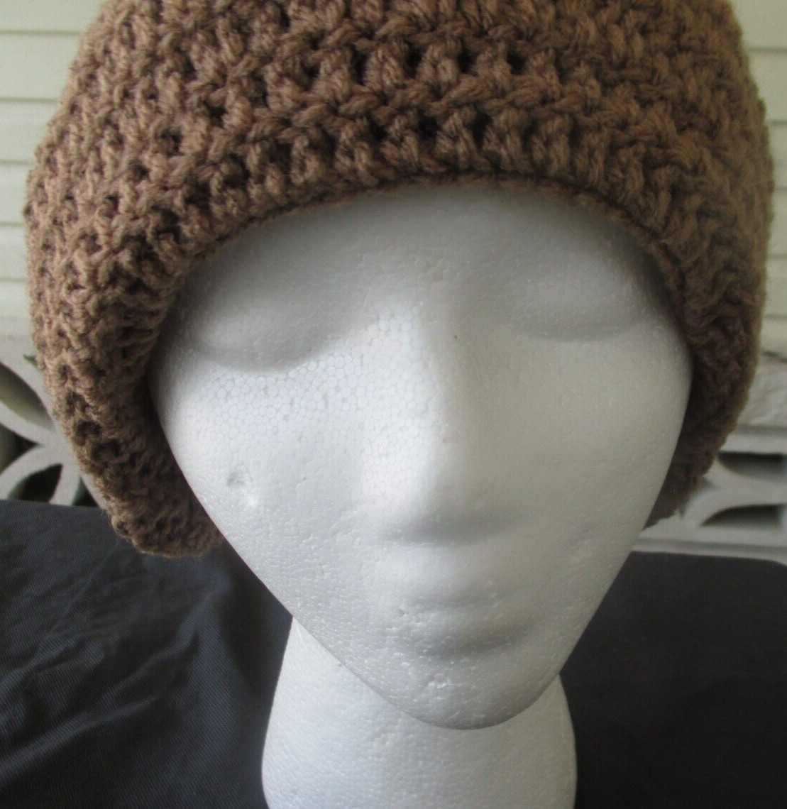 Ladies' Crocheted  Beanie Style Hat Fold-up Brim Medium Shade of Brown  Adult Sz