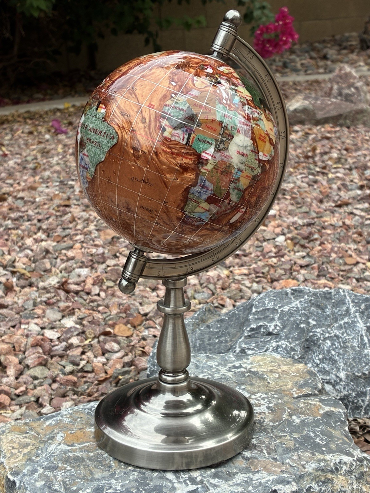 Vintage Rare Inlaid Gemstone Globe |  Amber Pearl Swirl Ocean | Desktop Decor