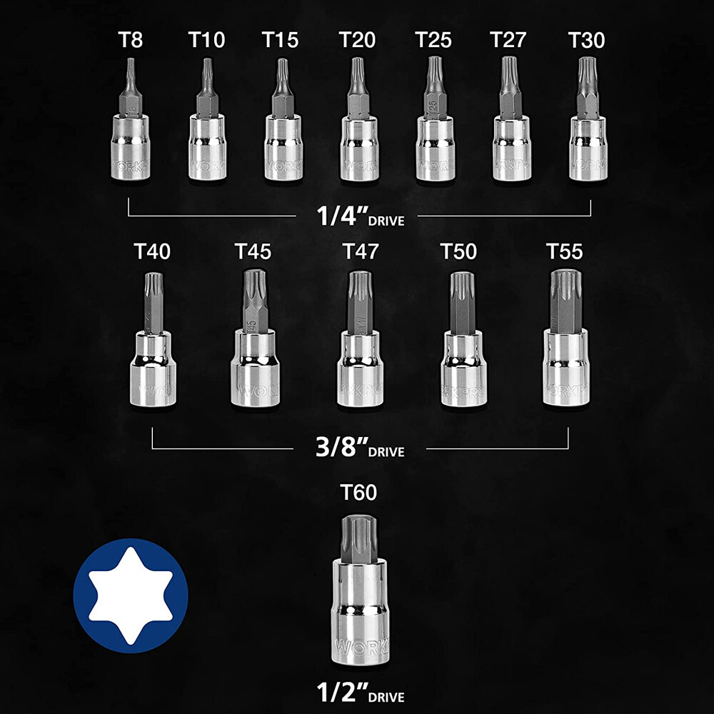 WORKPRO 13PC 1/4" 3/8" 1/2" Drive Torx Bit Socket Set T8-T60 Star Bit Socket Set