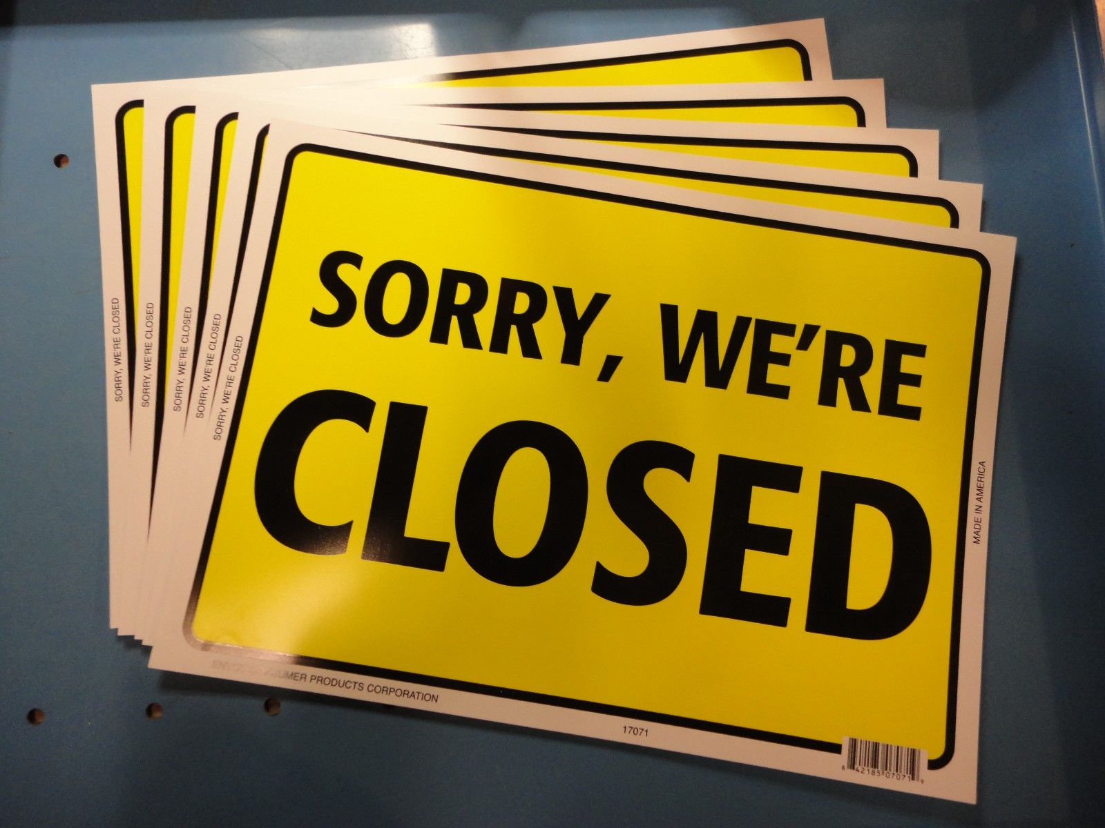 Made in U.S.A.,New, Free Ship, 5 Count Lot, 10" x 14" "Sorry We're Closed" Signs
