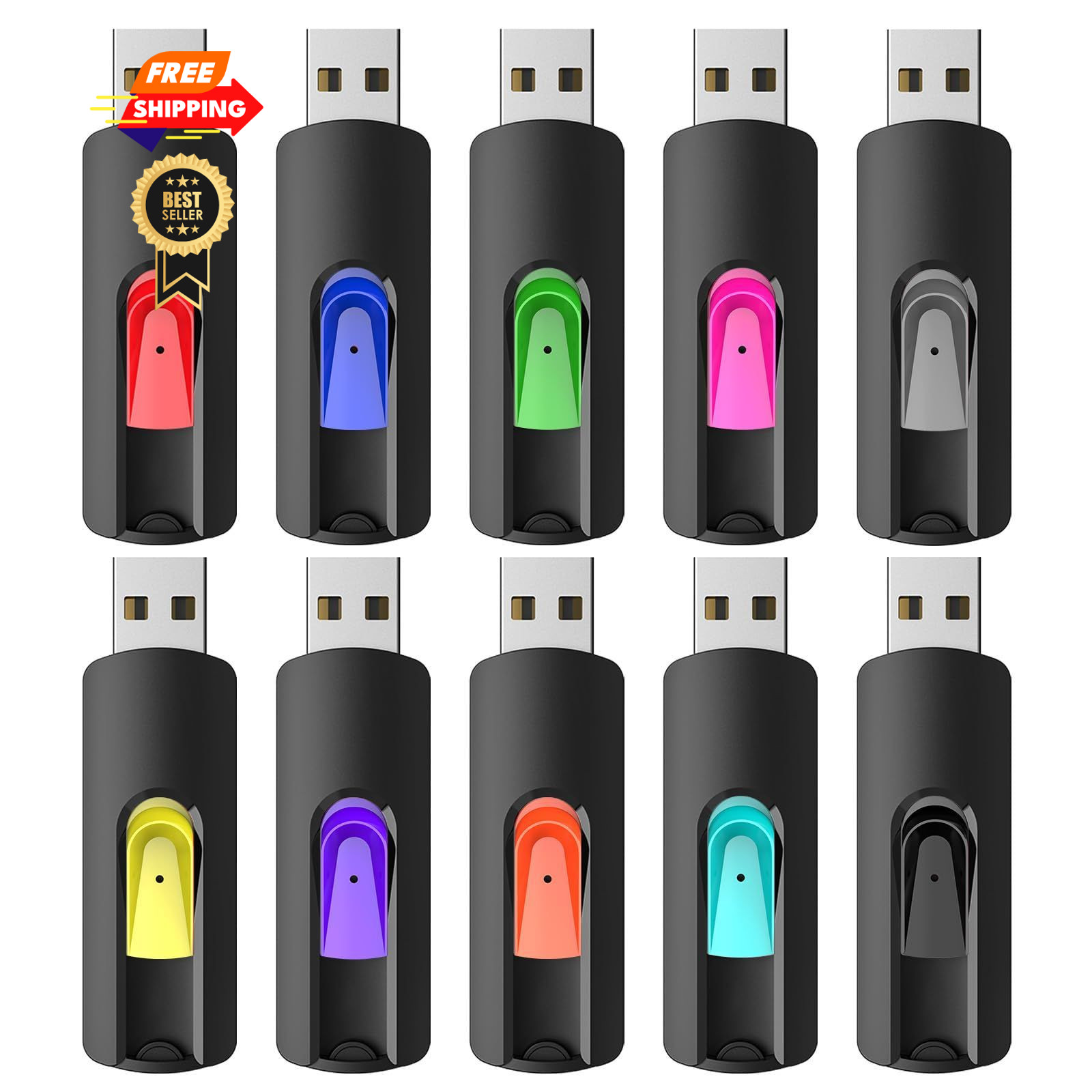 RAOYI 10 Pack 64GB USB Flash Drives Slide Retractable 64GB, 10 Mixed Colors