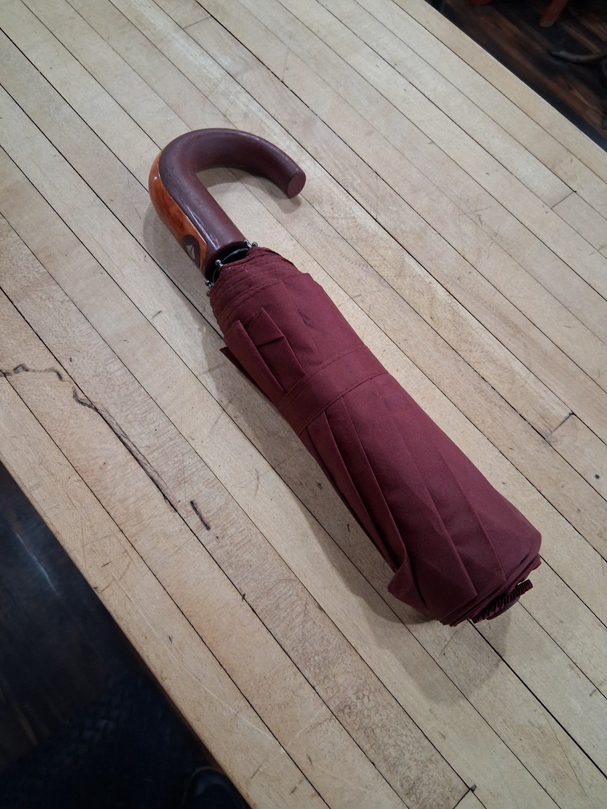 Red Double Canopy Automatic Umbrella with Curved Wood Handle