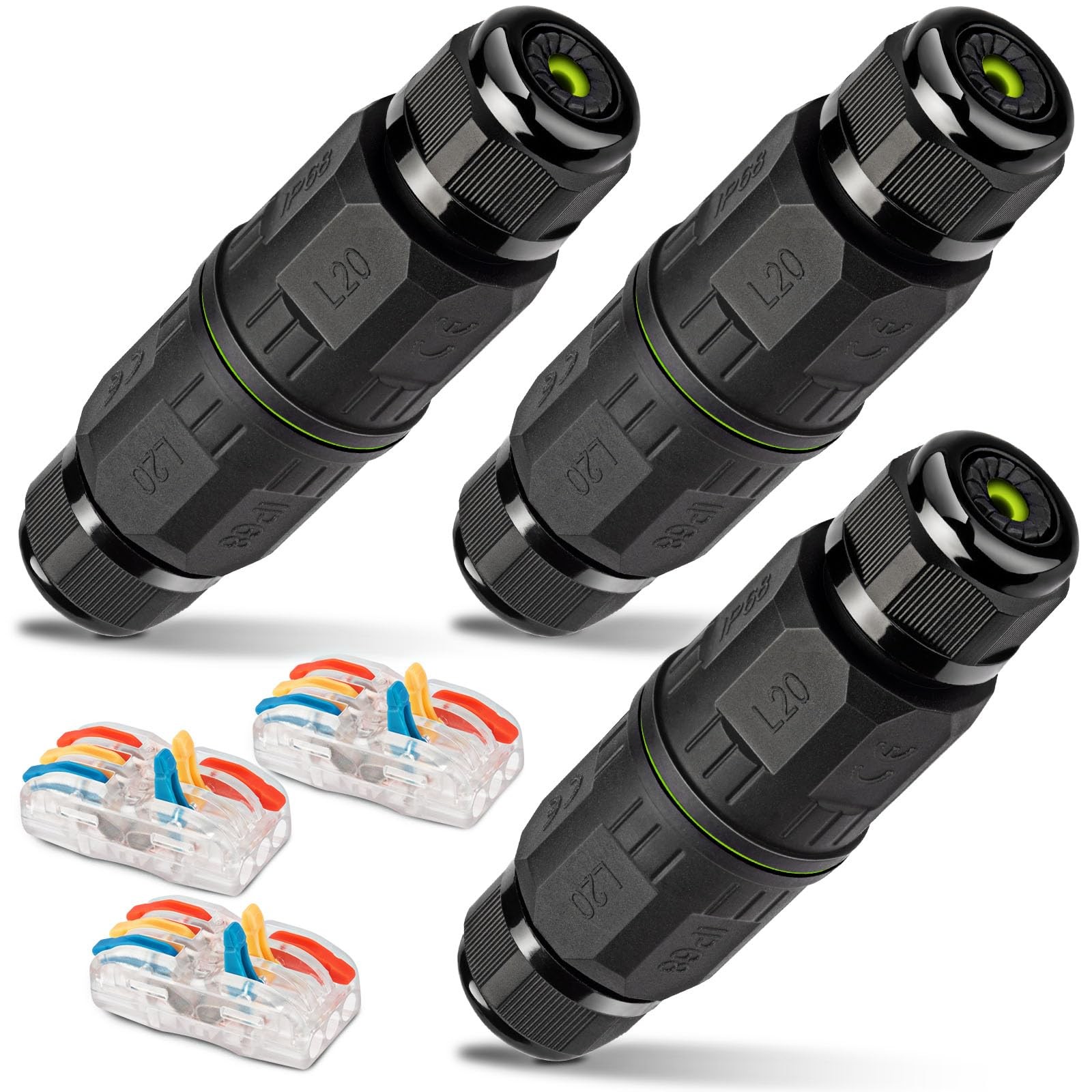 3-Pack Junction with 3 Pin Electrical Cable Connectors, IP68 Waterproof, 4-10...