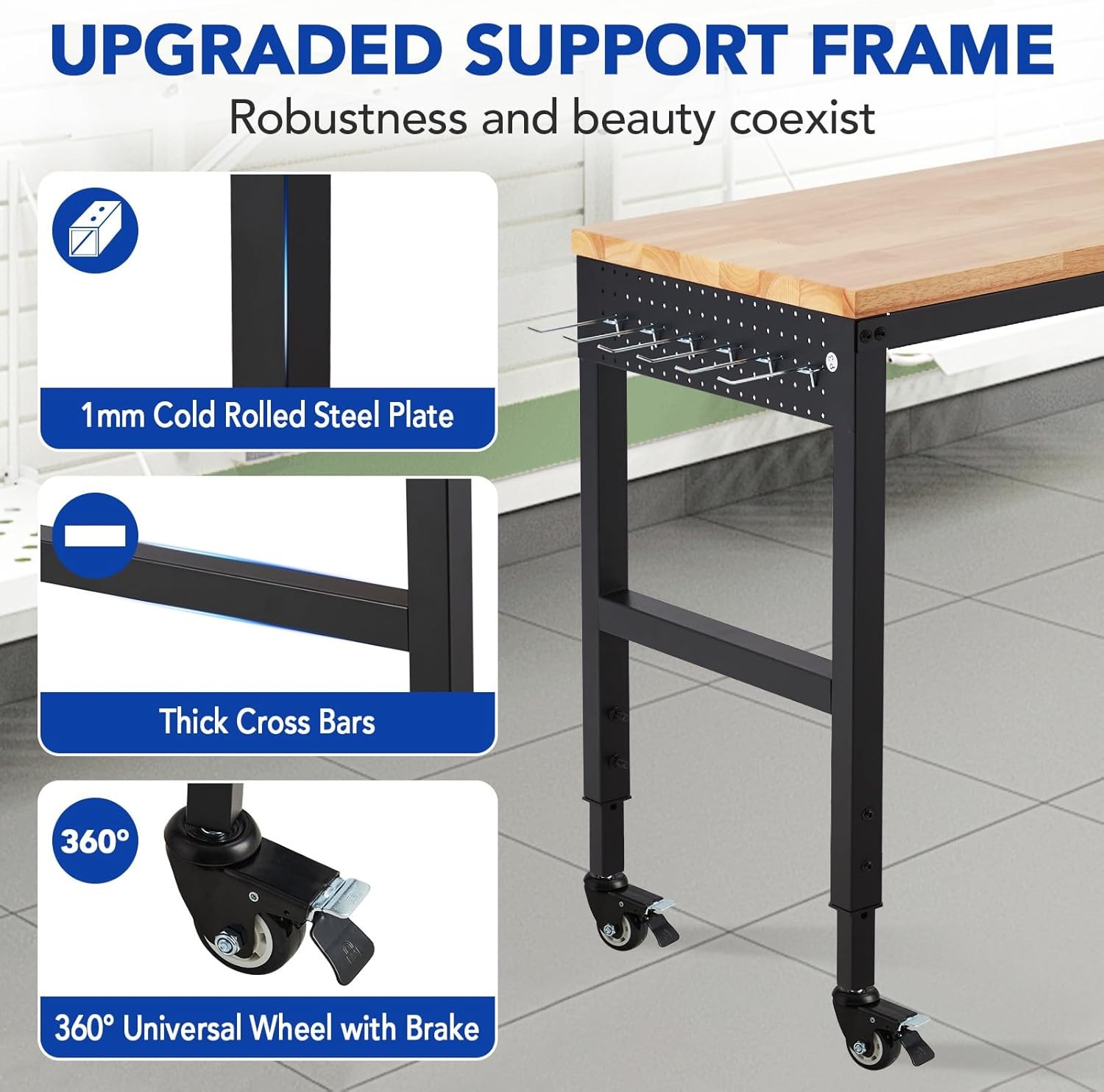 72" Adjustable Workbench, Heavy Duty Workstation with Power Outlets, 2000 LBS