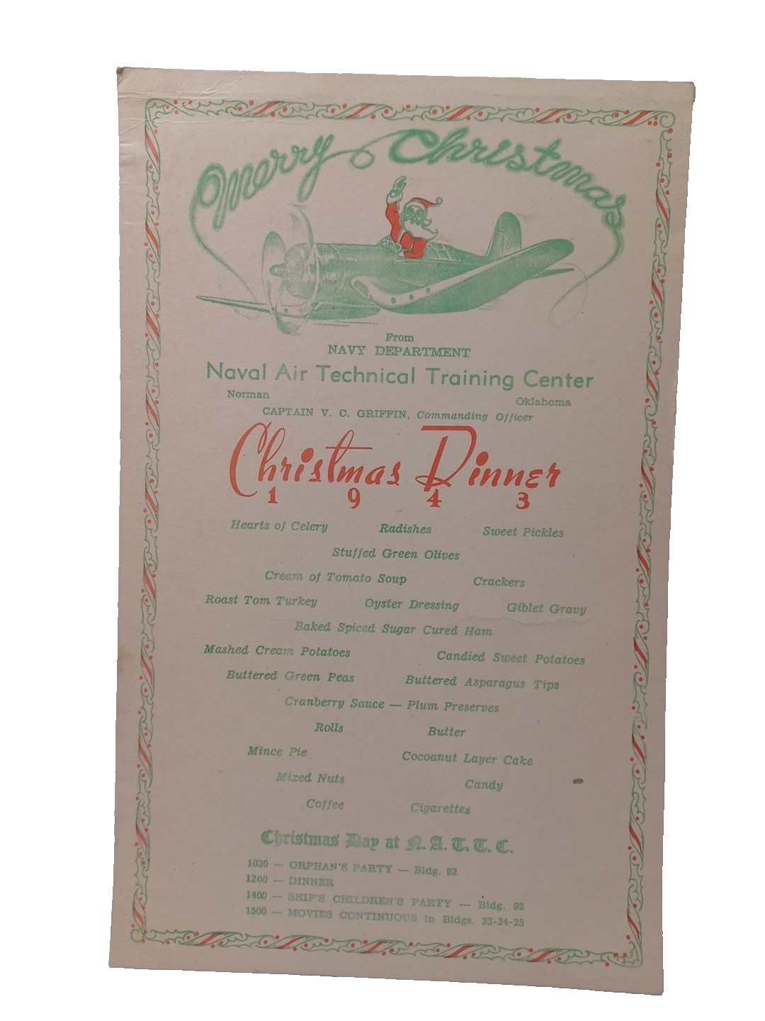 1943 Naval Air Technical Training Center Christmas Menu Corpus Christi TX RRP851