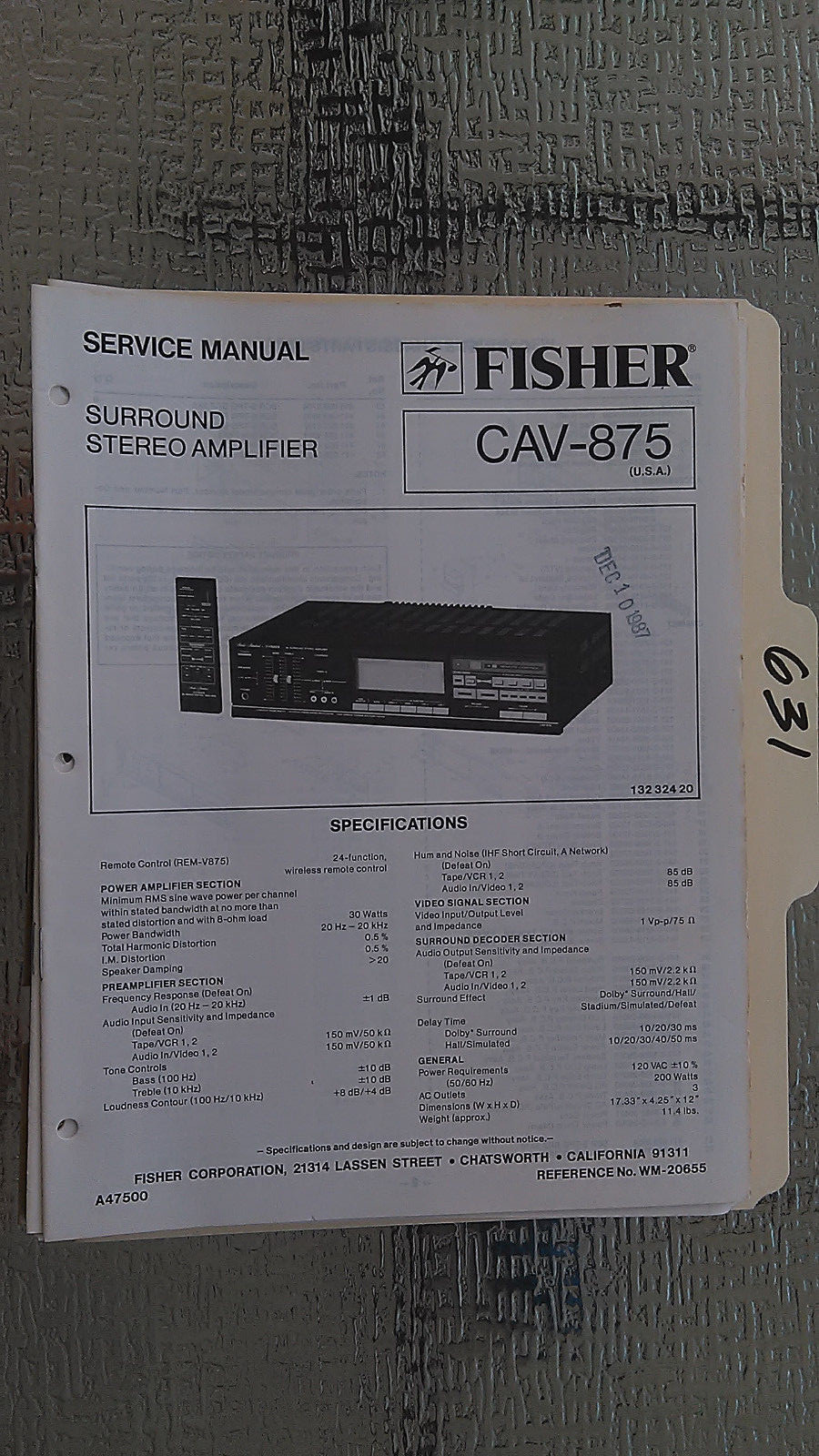 Fisher cav-875 service manual original repair book stereo amp amplifier factory