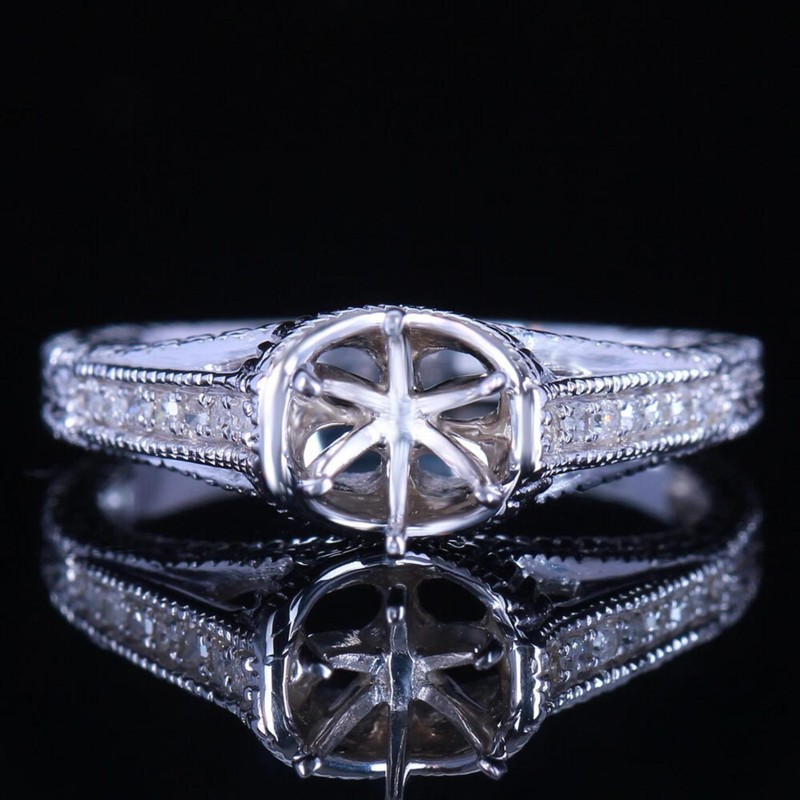 925 Sterling Silver 5mm Round Semi Mount Women Ring Milgrain Pave Setting Ring