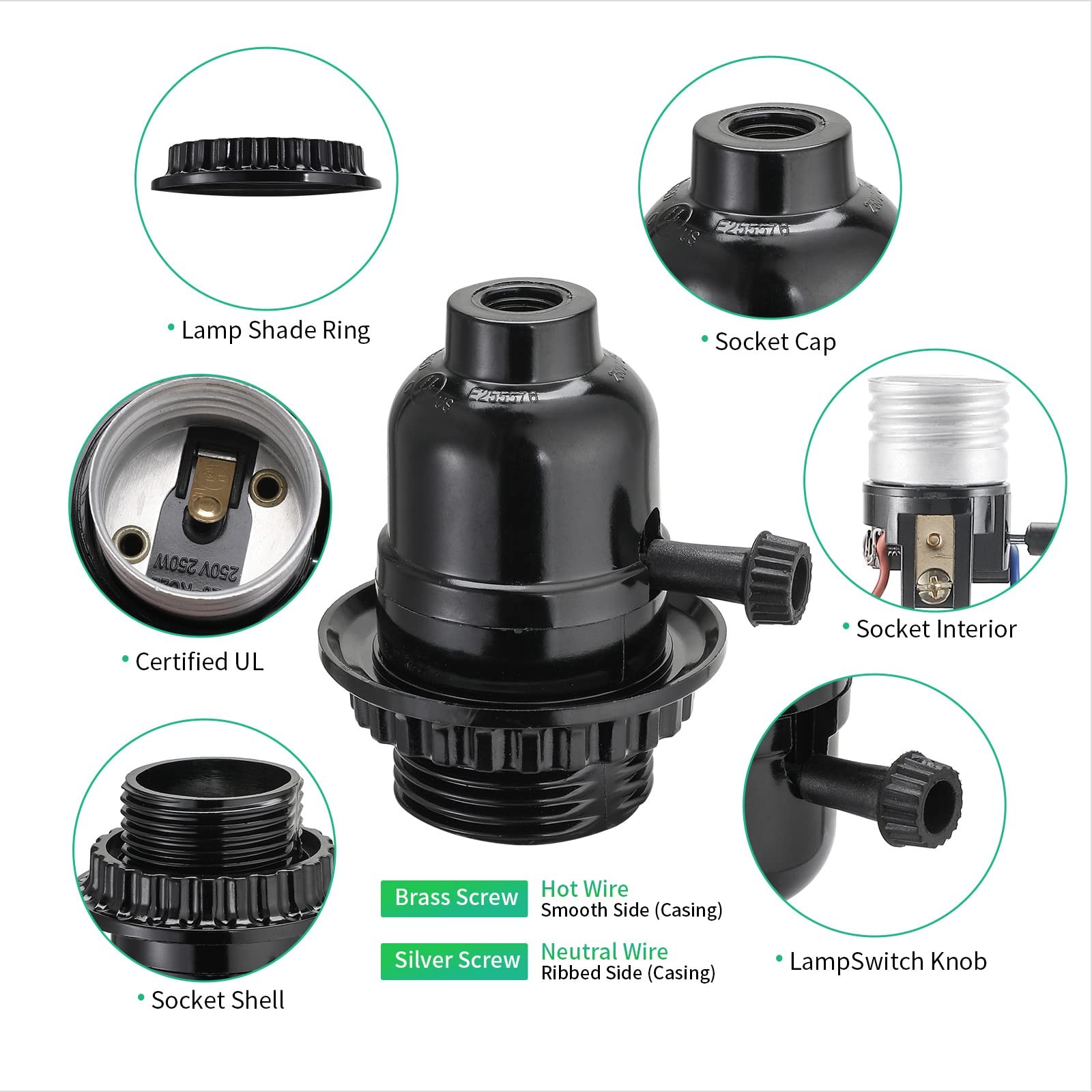 UL Listed E26 Light Socket, Lamp Socket Replacement with ON/Off Switch Black