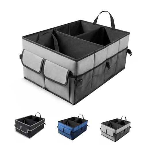 UYYE Auto Collapsible Trunk Organizer, 3 Large Compartments and 6 Pockets Grey