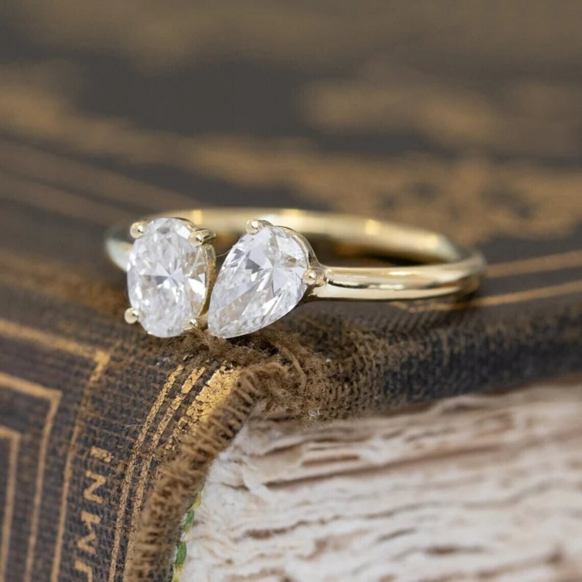2.10 Ct Oval & Pear Cut Diamond Lab-Created Wedding Ring 14K Yellow Gold Over