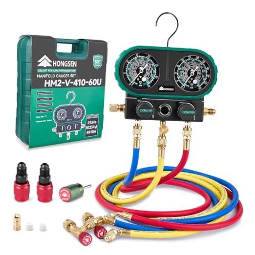 Hong Sen AC Gauge Set, 800 PSI Dual-Scale Manifold, R410A-R32-R22 ac gauge set