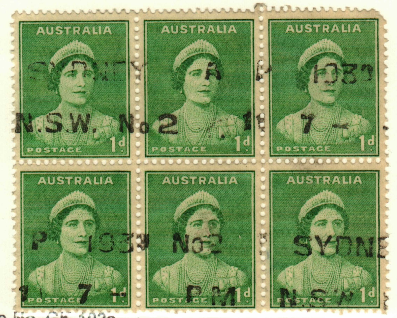 Australia #167 used Block (6 stamps) Queen Elizabeth