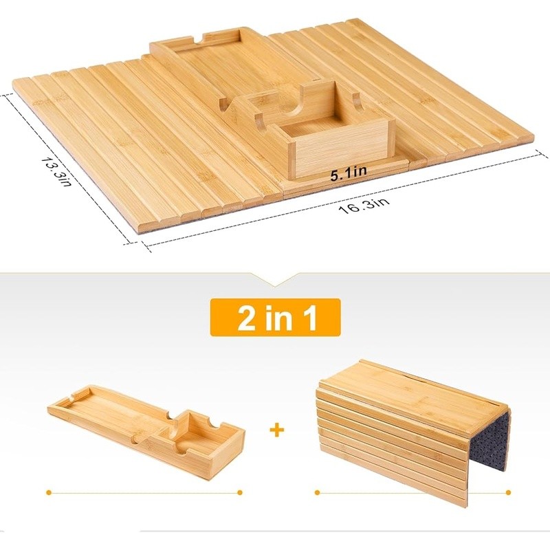 Bamboo Sofa Armrest Tray 2 in 1 Detachable Cup Holder Non-Slip Couch Organizer
