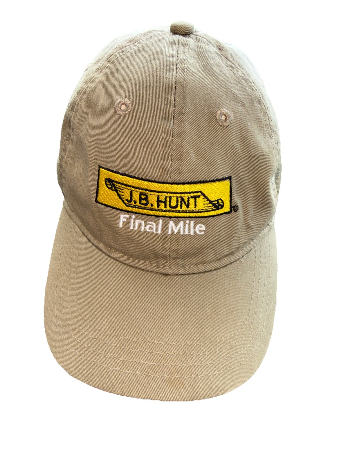 J B Hunt Patch Yellow Black White Final Mile on Tan Hat Cap Cotton Strap Buckle