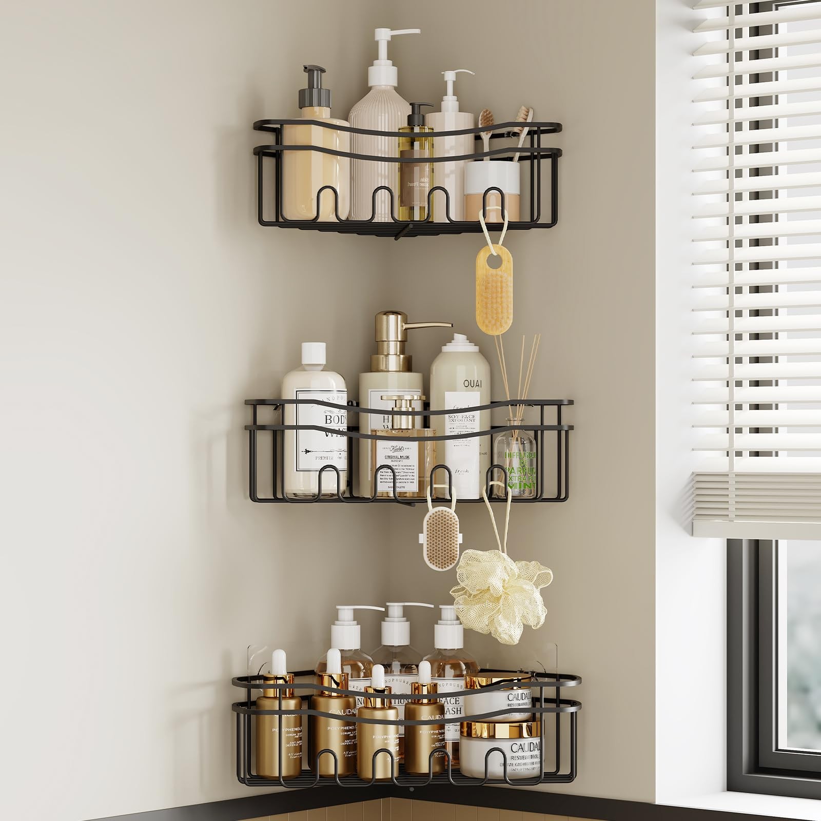 STAHLHEART Black corner shower caddy with depth and Built in 12 BLACK