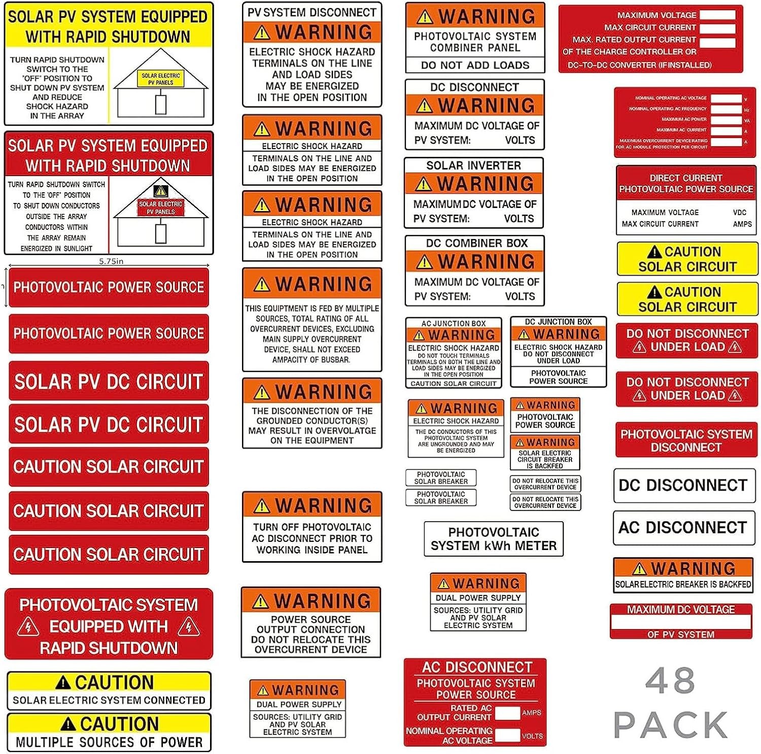 48 Pack PV Solar System Install Label Kit,Photovoltaic Safety Red