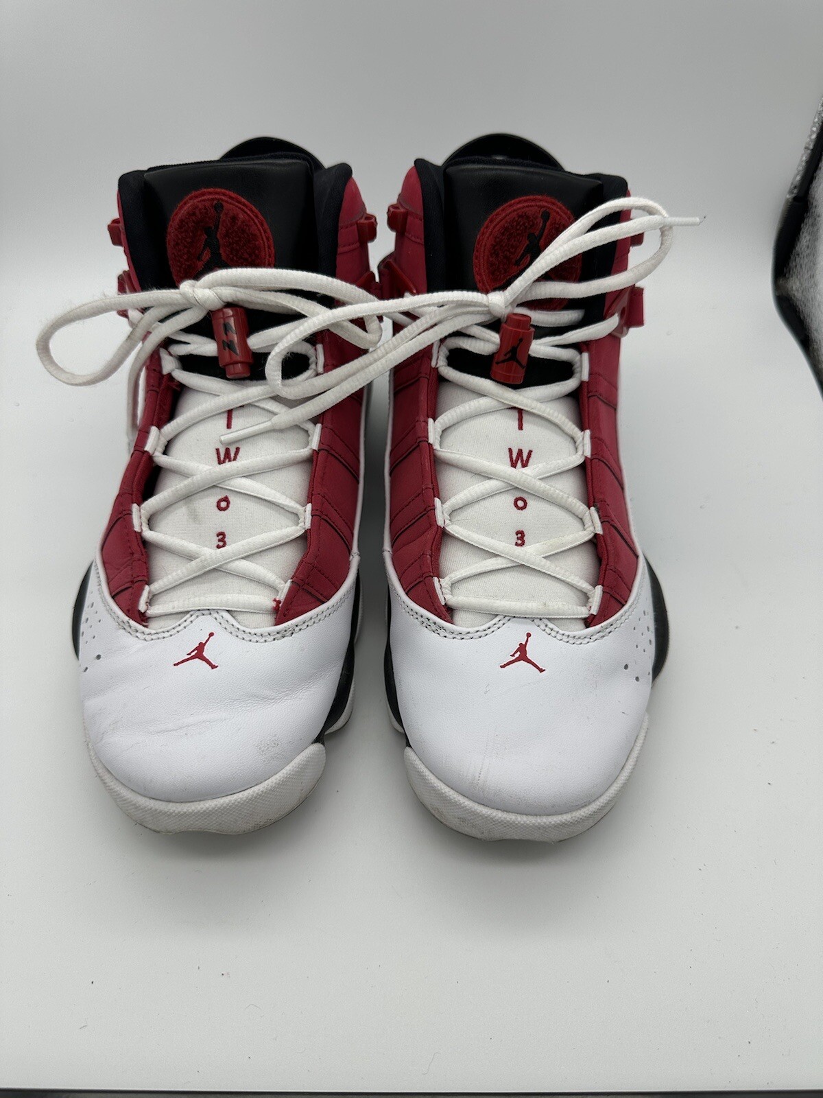 Nike JORDAN 6 RINGS BASKETBALL SHOE Sz 9322992 106 White Red Black CARMINE Air
