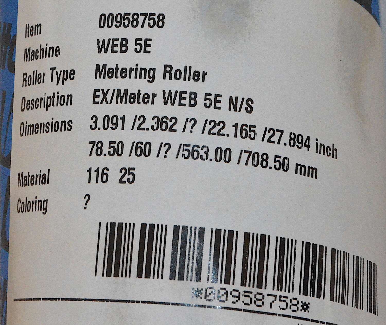 Bottcher Metering Roller for Heidelberg Web 5E *New* 00958758
