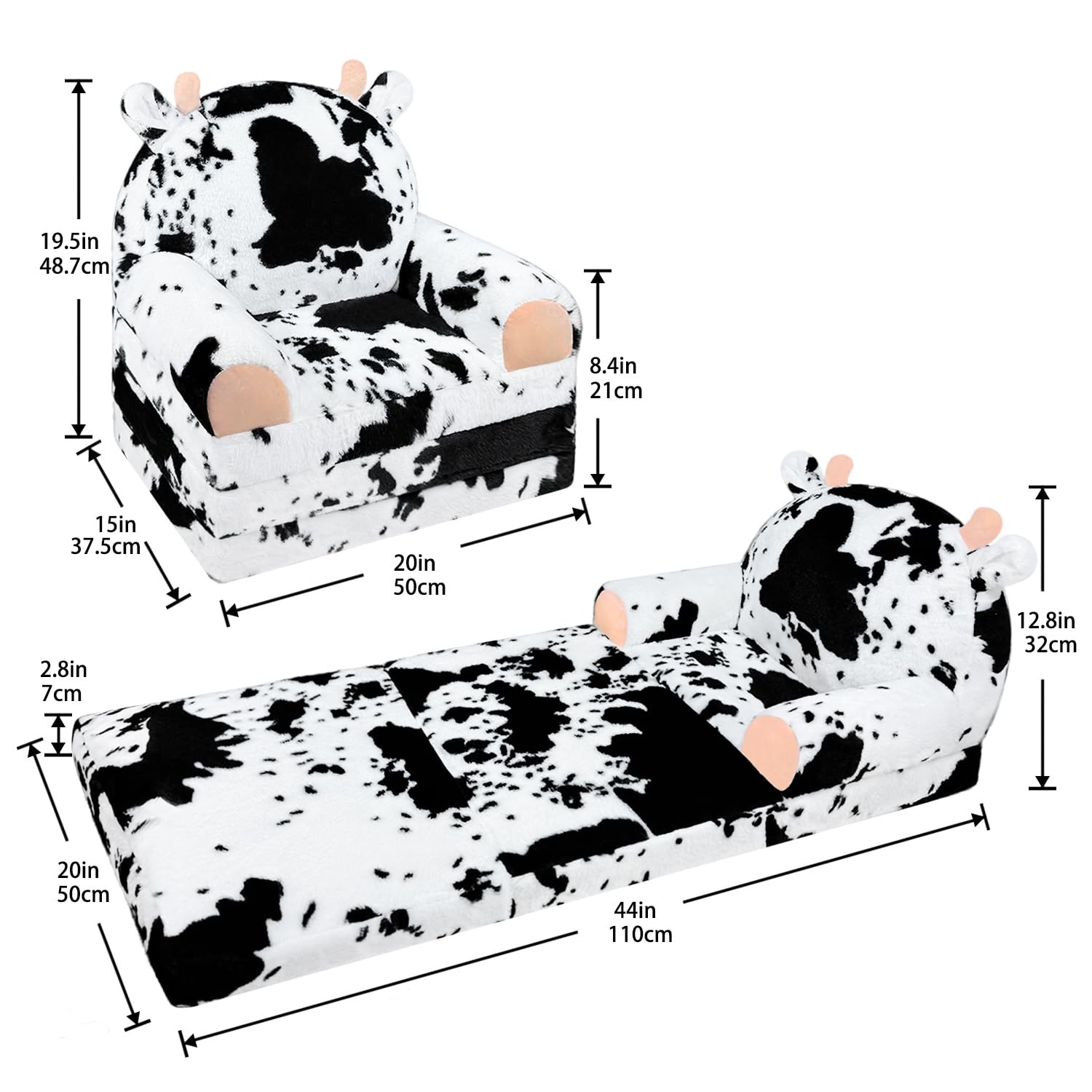 Toddler Chair with Faux Rabbit Fur – 2-in-1 Foldable Kids Couch, Soft Sofa fo...