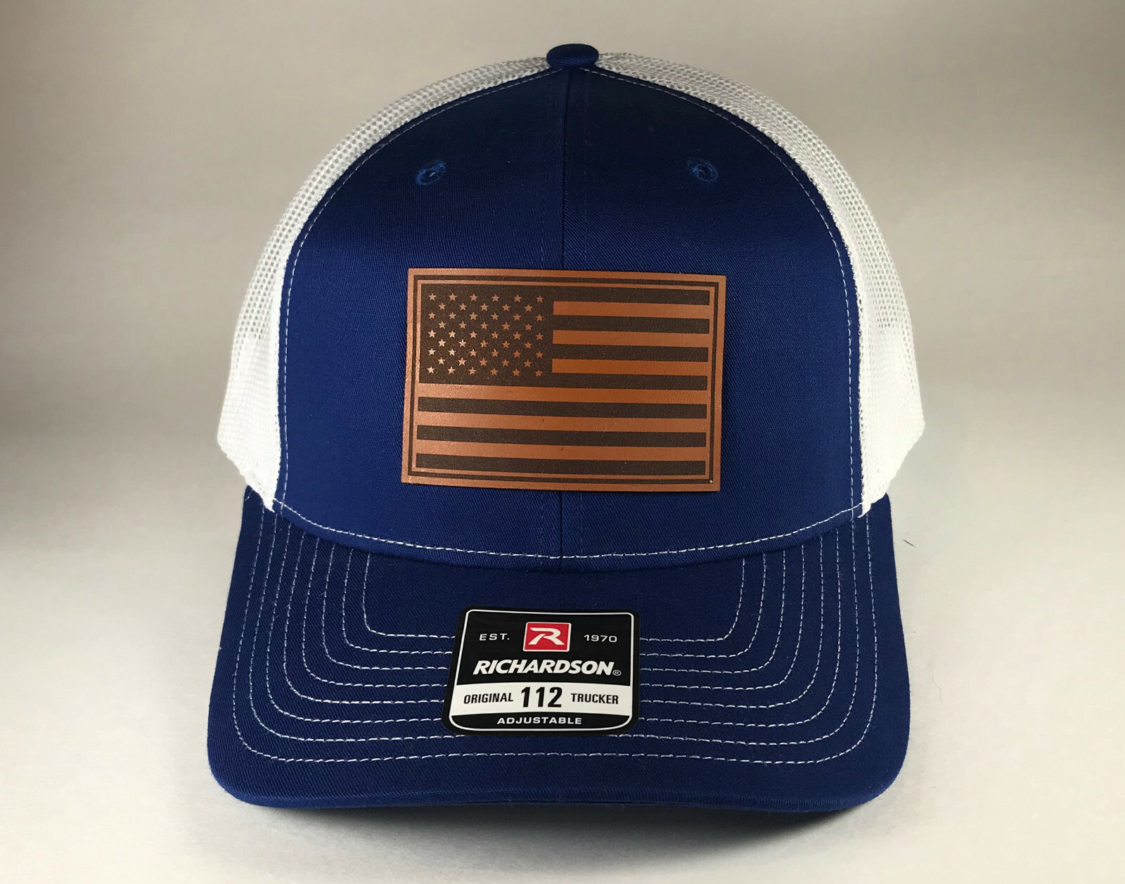 Richardson 112 American Flag 6 Panel Snapback Trucker Mesh Hat Leather Patch