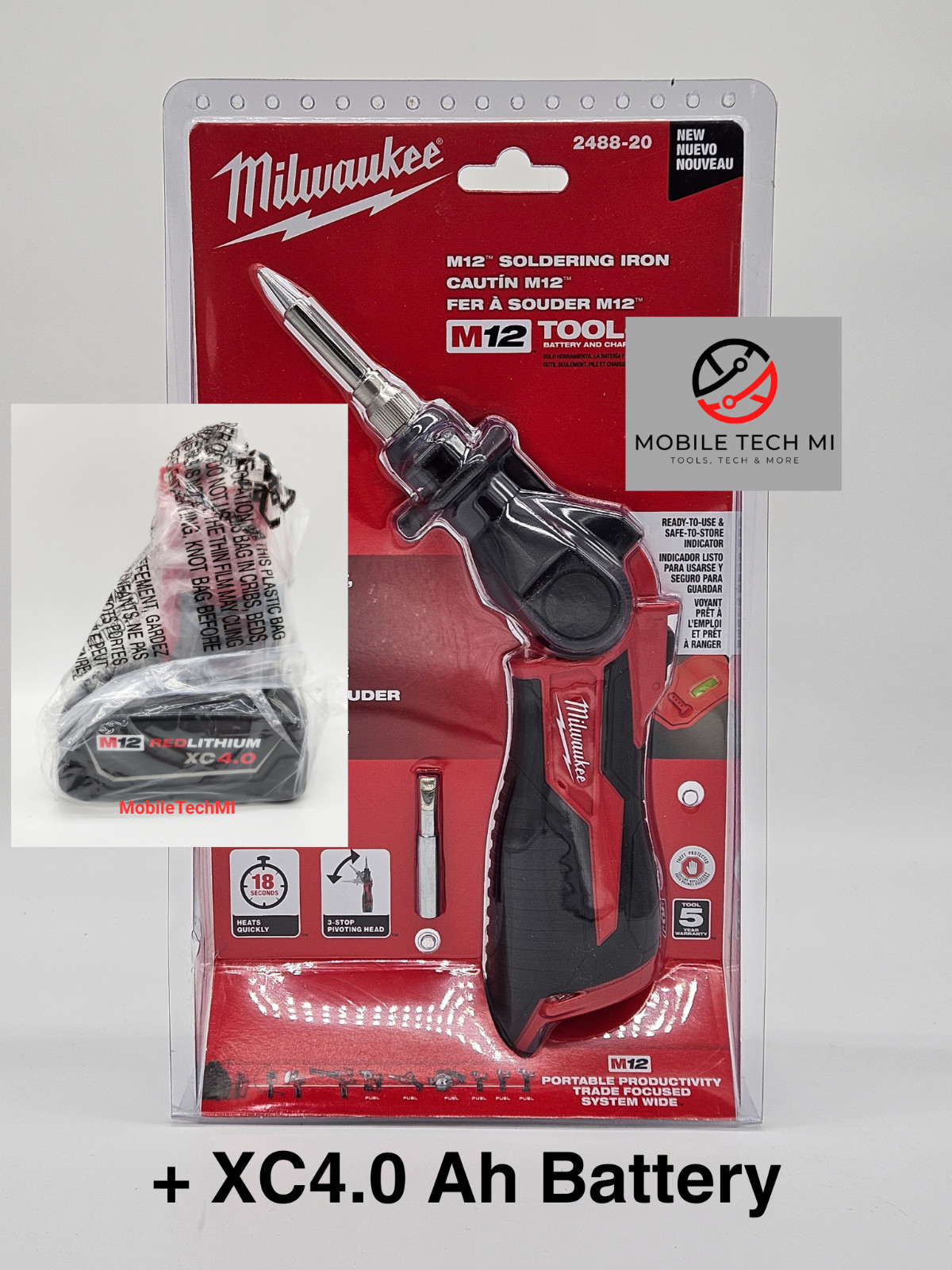 Milwaukee M12 Soldering Iron 2488-20 + XC4.0 Ah Battery 48-11-2440 - BRAND NEW