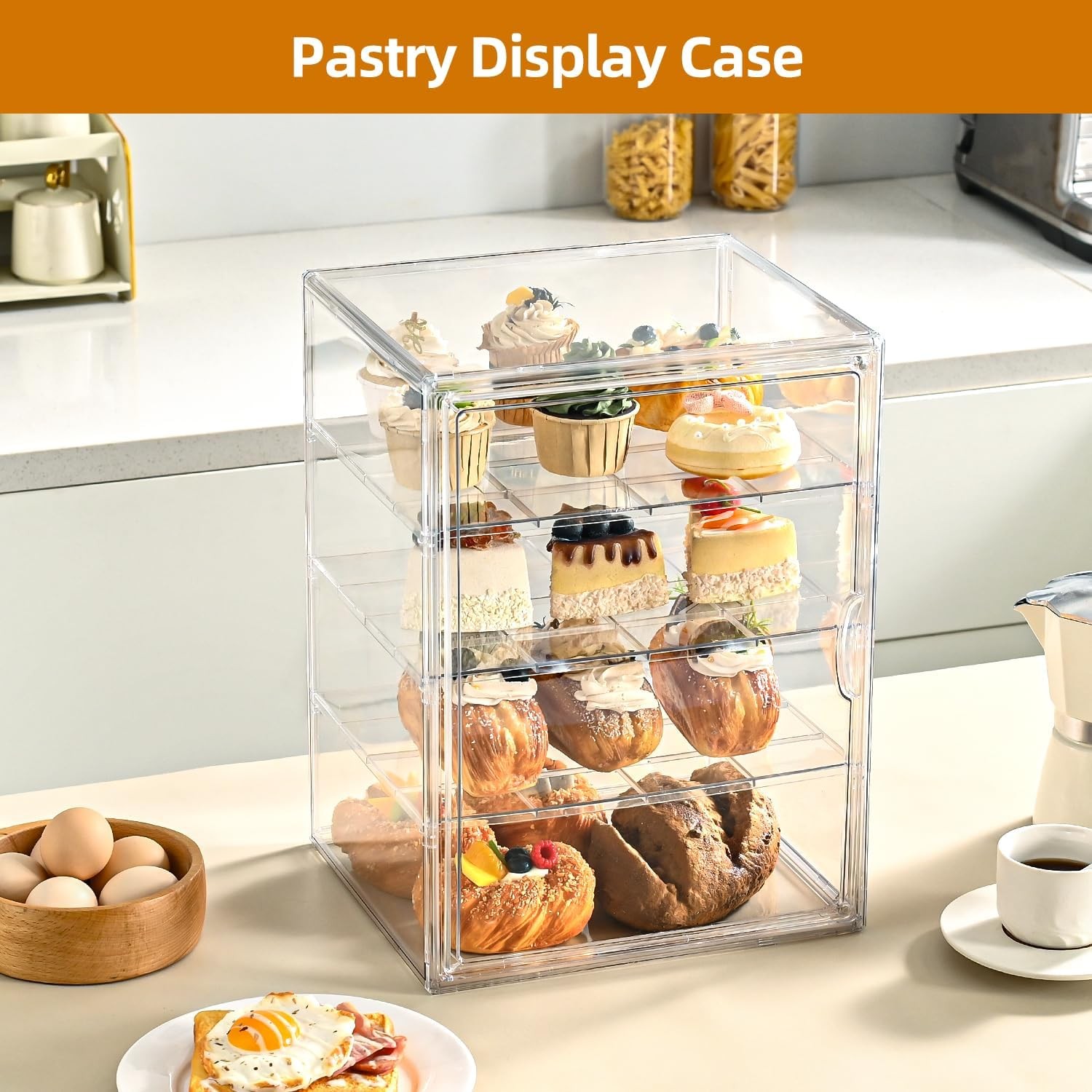 Pastry Display Case，4-Tier Adjustable Clear Bread Stora with Magnetic