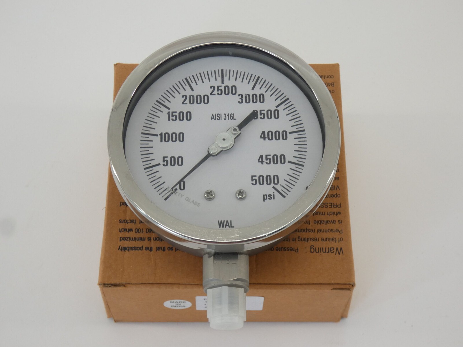WAL Pressure Gauge 4" 1/4" NPT Bottom 0-5000 PSI - NEW Surplus!
